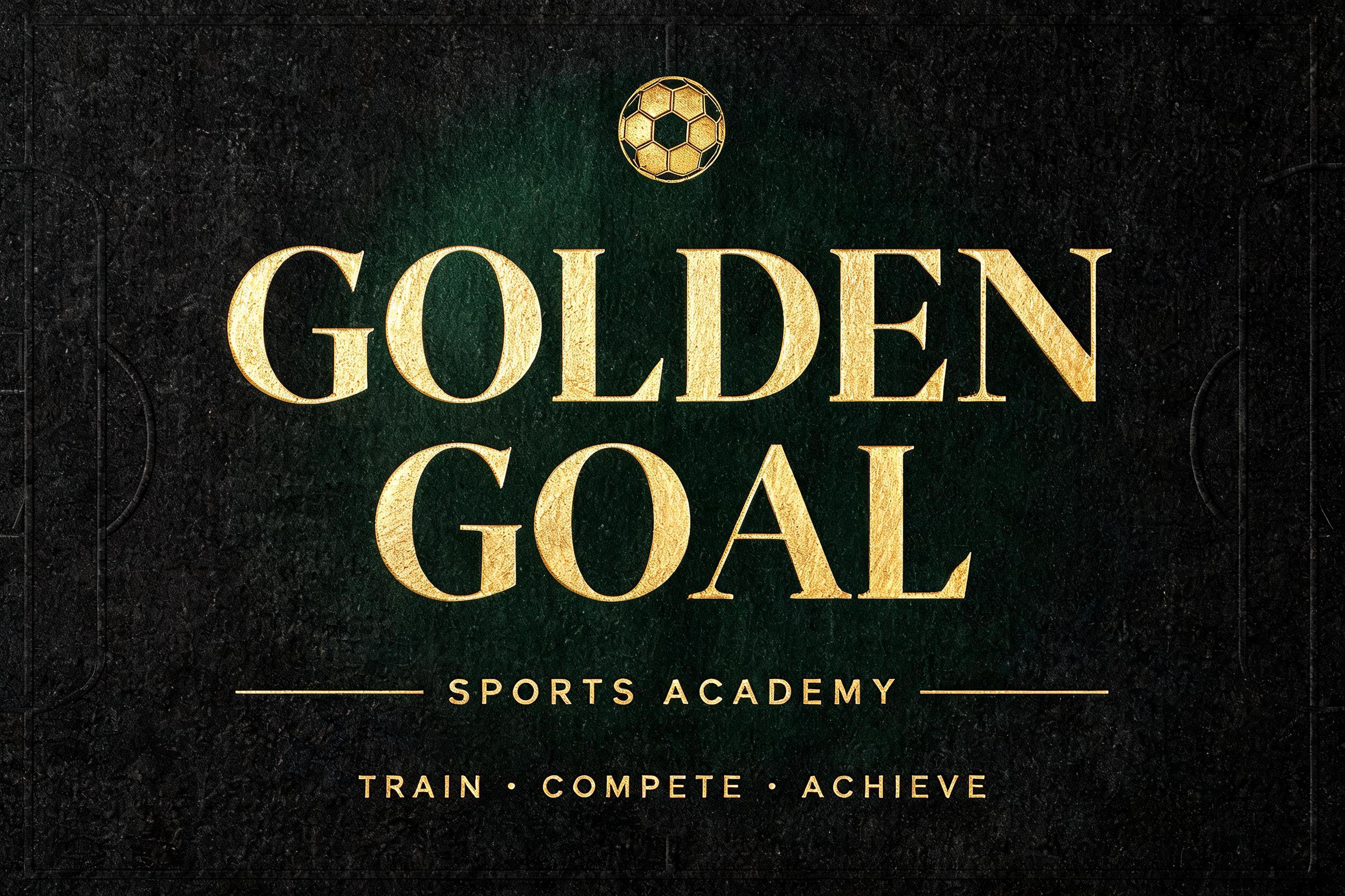 "GOLDEN GOAL
SPORTS ACADEMY
TRAIN • COMPETE • ACHIEVE" — Metallic | AI Text Effect Generator