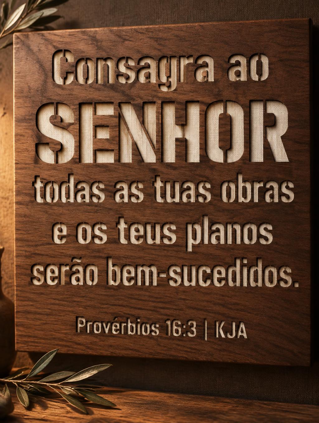 "Consagra ao SENHOR todas as tuas obras e os teus planos serão bem-sucedidos.

Provérbios 16:3 | KJA" — Laser Cut text effect