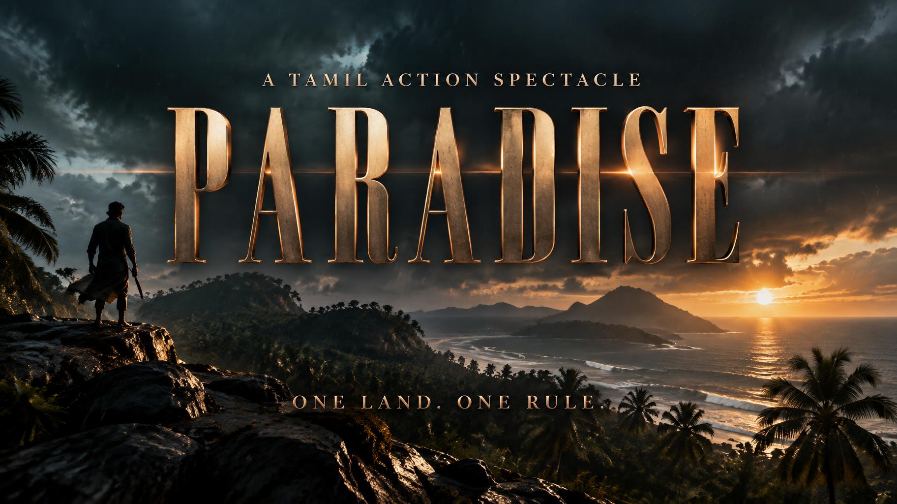 "PARADISE
A TAMIL ACTION SPECTACLE
ONE LAND. ONE RULE." — Cinematic | AI Text Effect Generator