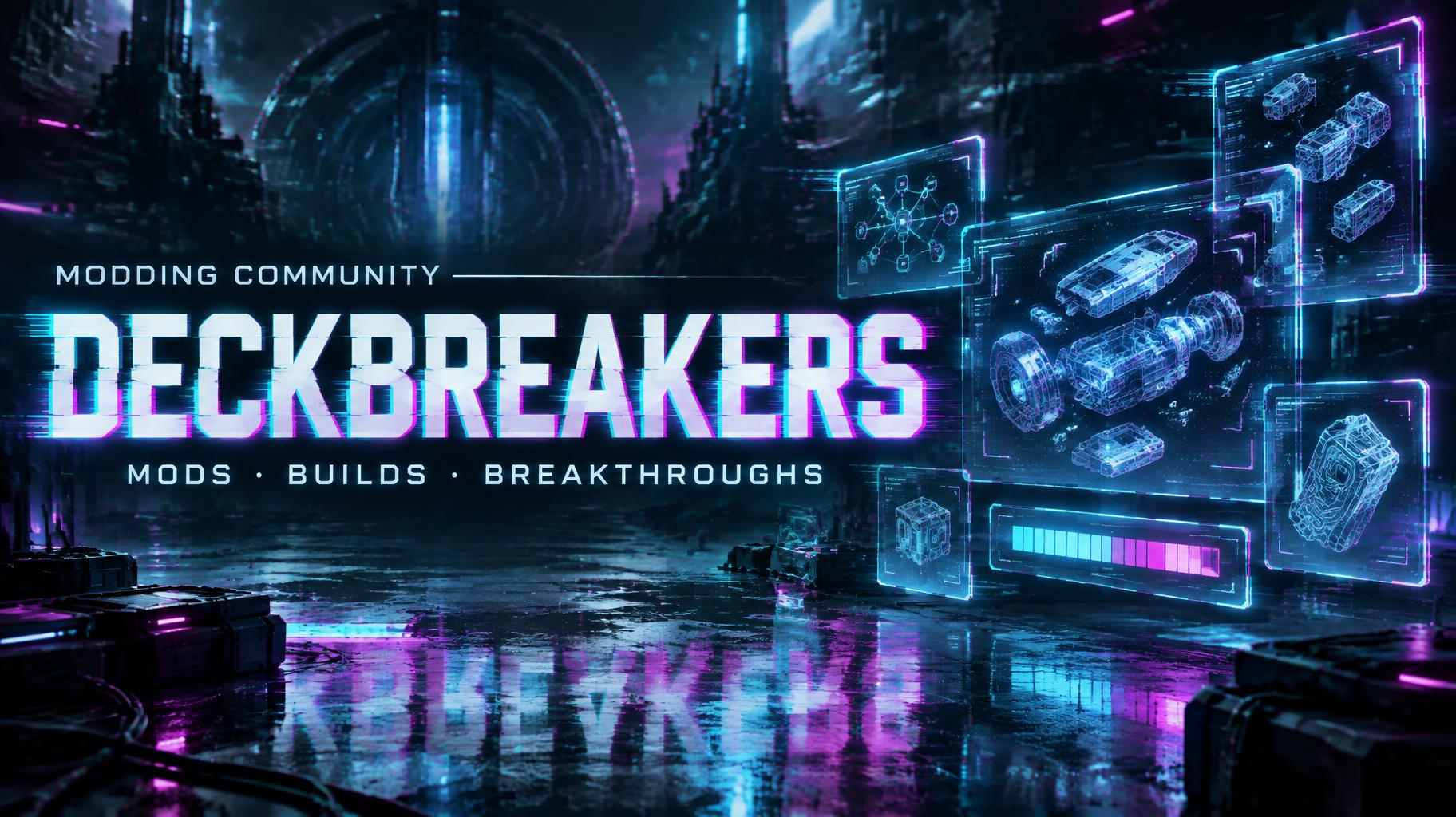 "DECKBREAKERS
MODDING COMMUNITY
MODS · BUILDS · BREAKTHROUGHS" — Cyberpunk | AI Text Effect Generator