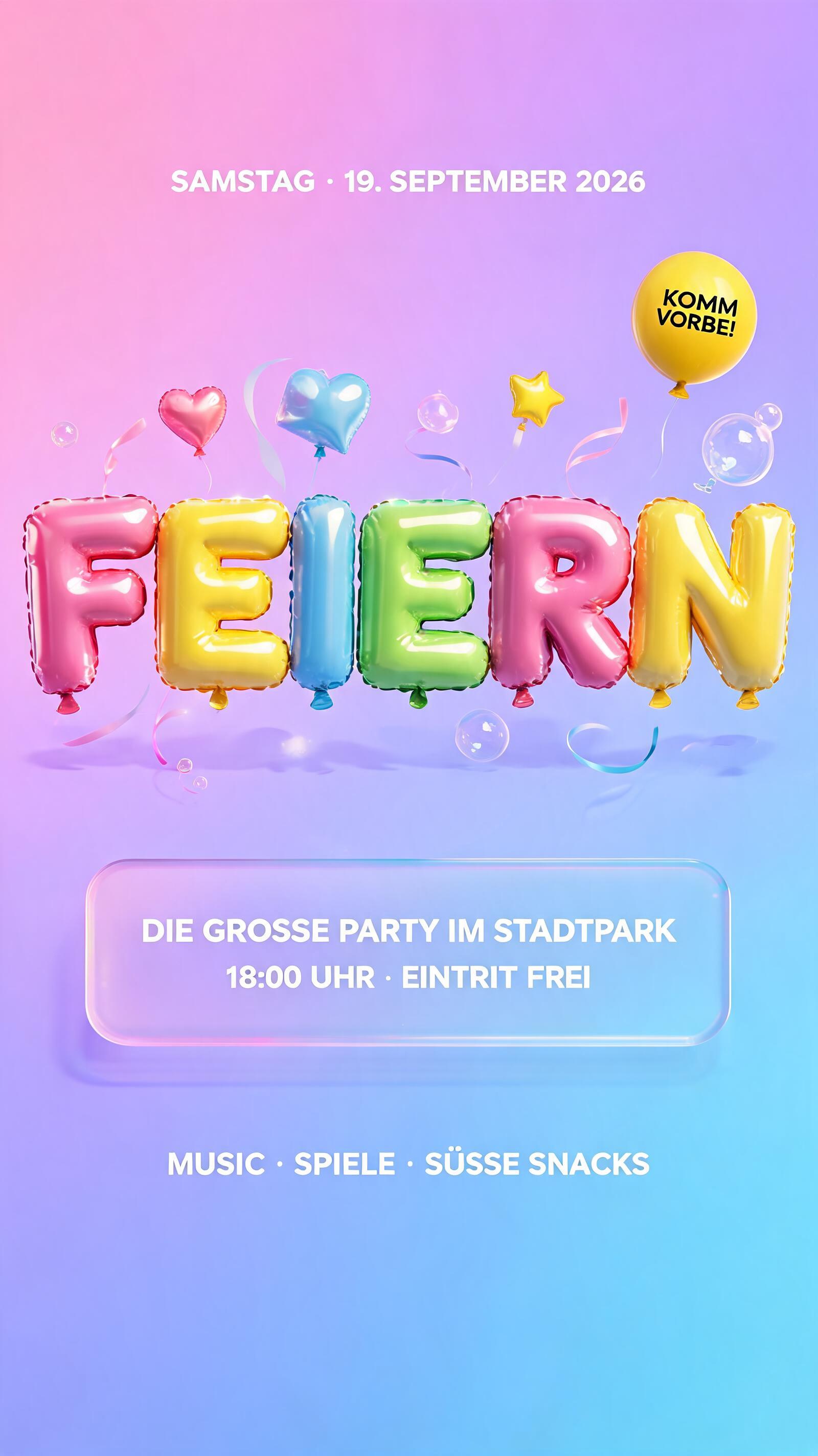 "FEIERN
SAMSTAG · 19. SEPTEMBER 2026
DIE GROSSE PARTY IM STADTPARK
18:00 UHR · EINTRITT FREI
MUSIK · SPIELE · SÜSSE SNACKS
KOMM VORBEI!" — Y2k Bubbly | AI Text Effect Generator