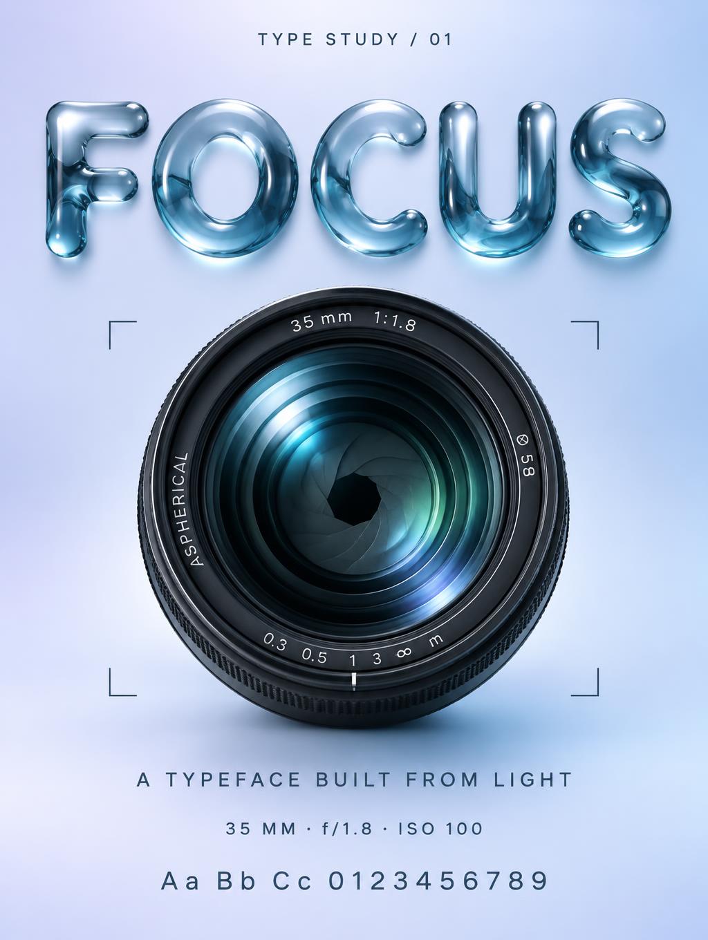 "FOCUS
A TYPEFACE BUILT FROM LIGHT
35 MM · f/1.8 · ISO 100
TYPE STUDY / 01
Aa Bb Cc 0123456789" — Glass Liquid | AI Text Effect Generator