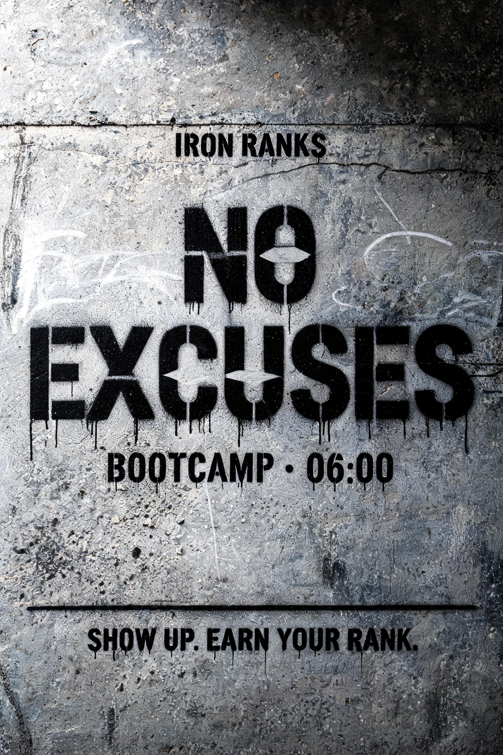 "NO
EXCUSES
IRON RANKS
BOOTCAMP · 06:00
SHOW UP. EARN YOUR RANK." — Stencil | AI Text Effect Generator