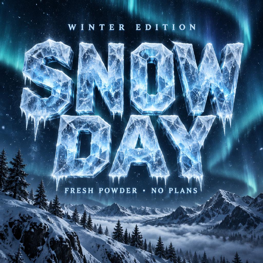 "SNOW DAY
WINTER EDITION
FRESH POWDER · NO PLANS" — Glass Frozen | AI Text Effect Generator
