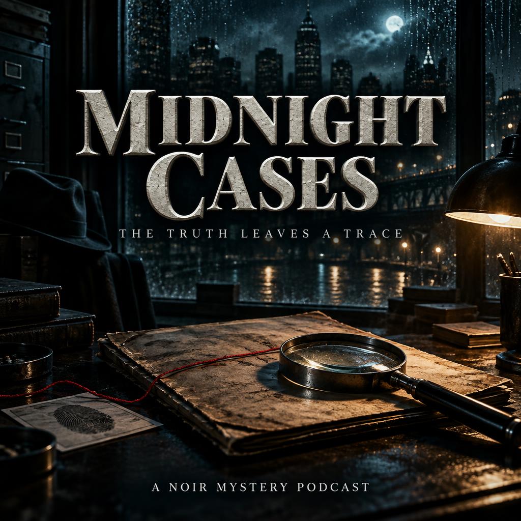 "MIDNIGHT CASES
THE TRUTH LEAVES A TRACE
A NOIR MYSTERY PODCAST" — Cinematic | AI Text Effect Generator