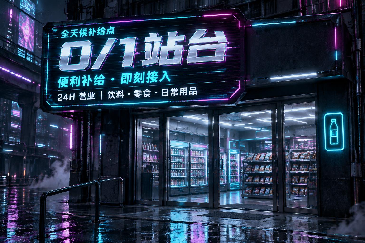"0/1站台
全天候补给点
便利补给 · 即刻接入
24H 营业 | 饮料・零食・日常用品" — Cyberpunk | AI Text Effect Generator