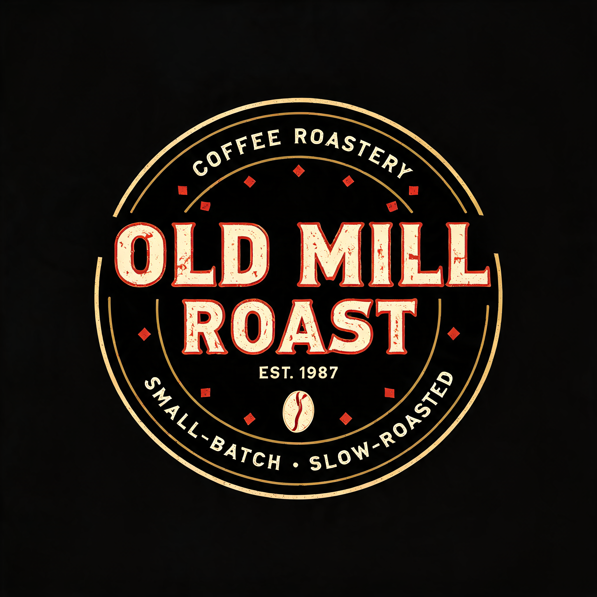 "OLD MILL
ROAST
COFFEE ROASTERY
SMALL-BATCH • SLOW-ROASTED
EST. 1987" — Vintage text effect