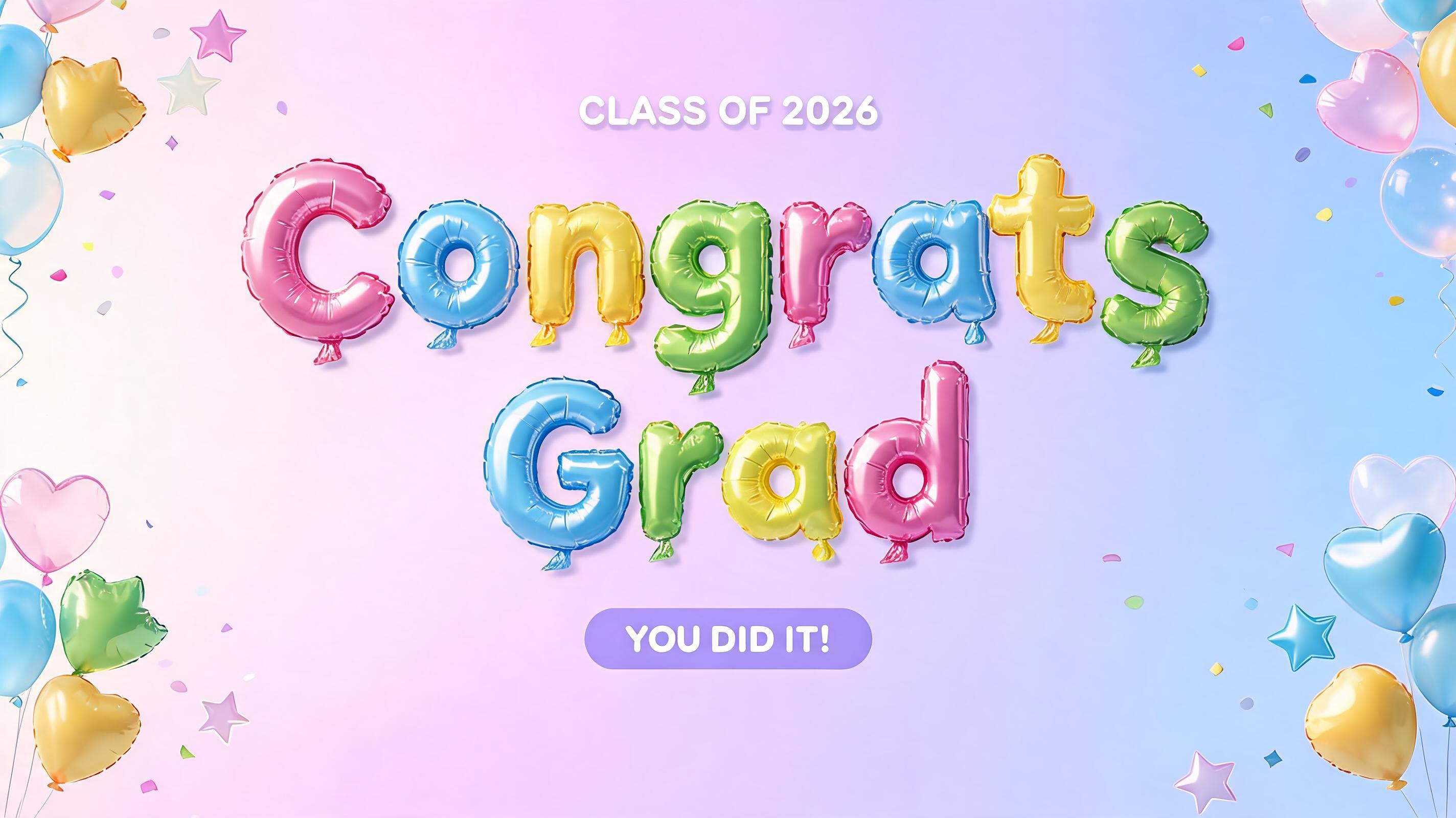 "Congrats
Grad
CLASS OF 2026
YOU DID IT!" — Y2k Bubbly | AI Text Effect Generator