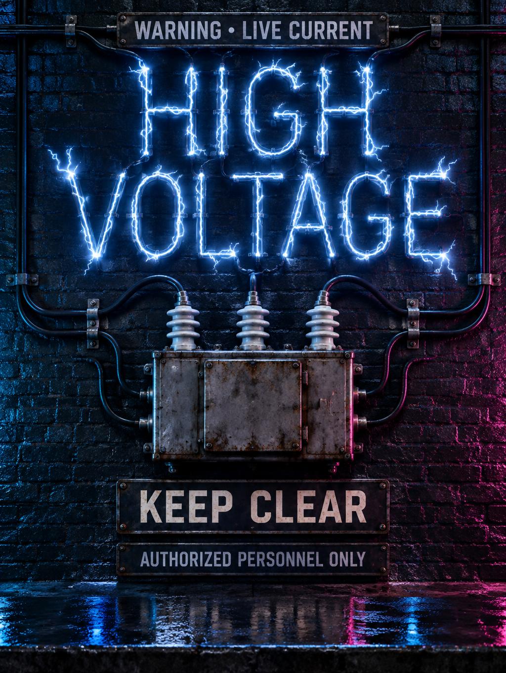 "WARNING • LIVE CURRENT
HIGH VOLTAGE
KEEP CLEAR
AUTHORIZED PERSONNEL ONLY" — Neon Glow | AI Text Effect Generator