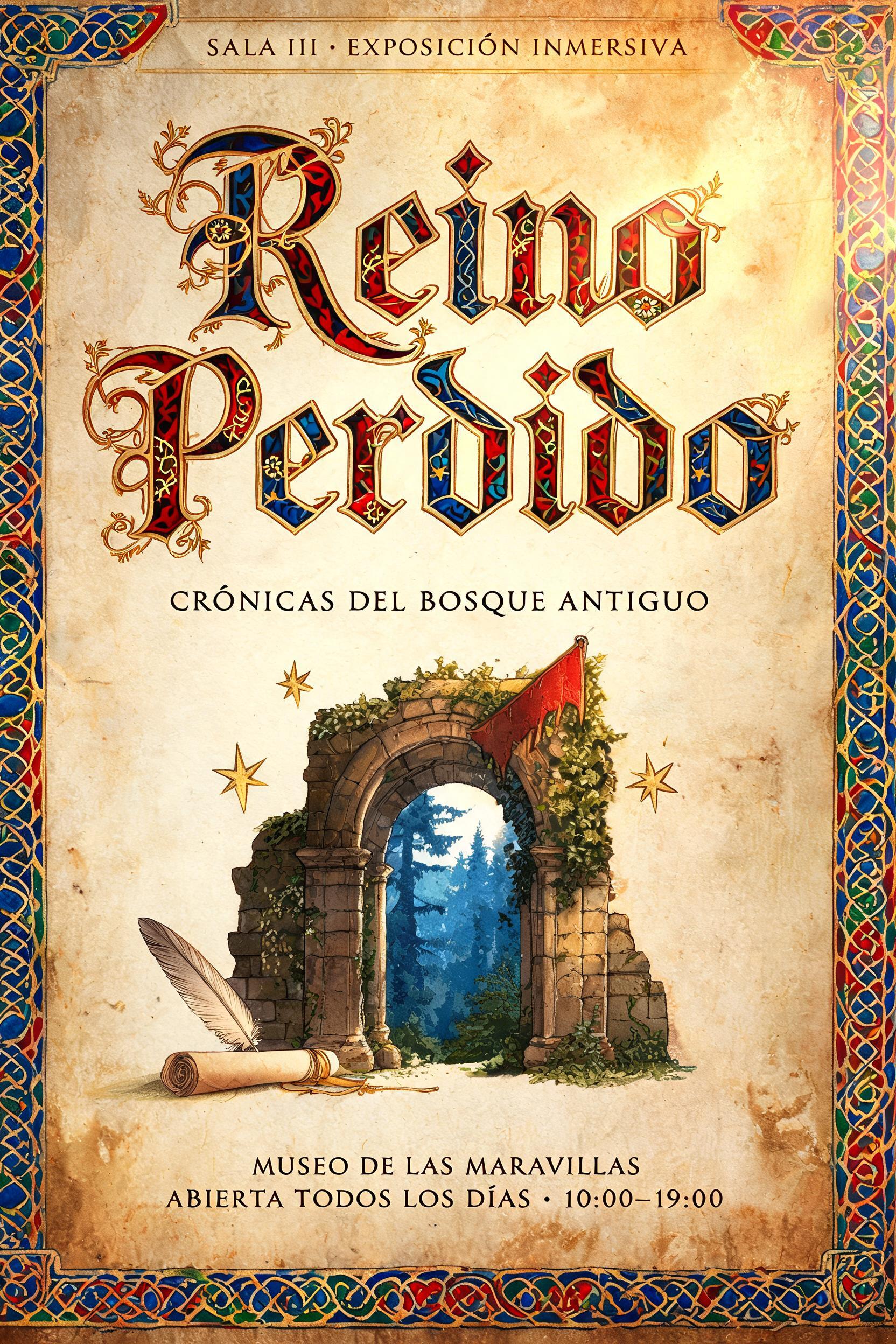 "Reino
Perdido
SALA III · EXPOSICIÓN INMERSIVA
CRÓNICAS DEL BOSQUE ANTIGUO
MUSEO DE LAS MARAVILLAS
ABIERTA TODOS LOS DÍAS · 10:00–19:00" — Medieval | AI Text Effect Generator