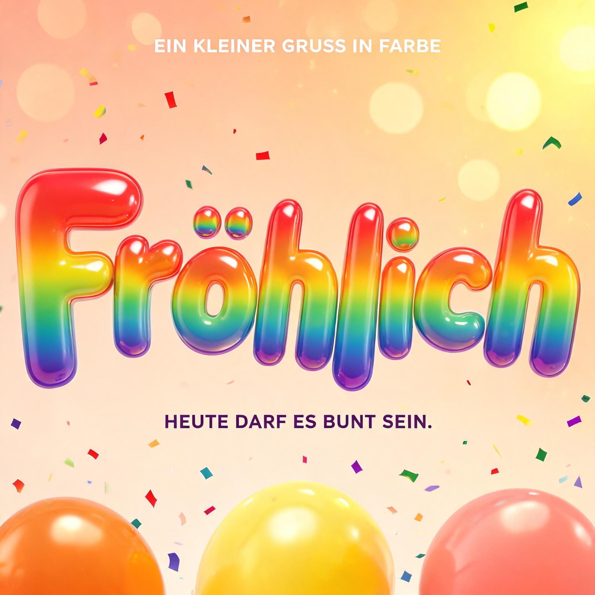 "Fröhlich
EIN KLEINER GRUSS IN FARBE
HEUTE DARF ES BUNT SEIN." — Rainbow text effect
