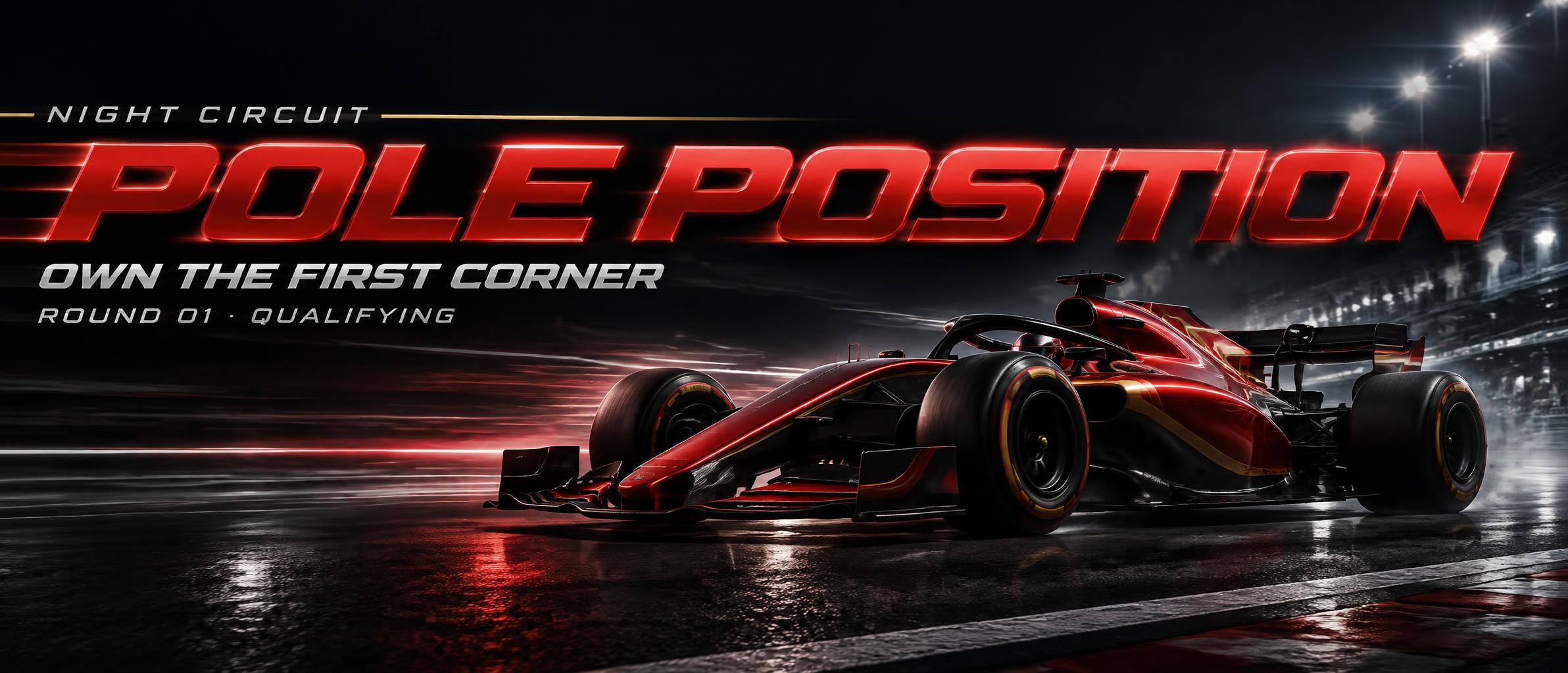 "POLE POSITION
OWN THE FIRST CORNER
NIGHT CIRCUIT
ROUND 01 · QUALIFYING" — Racing | AI Text Effect Generator