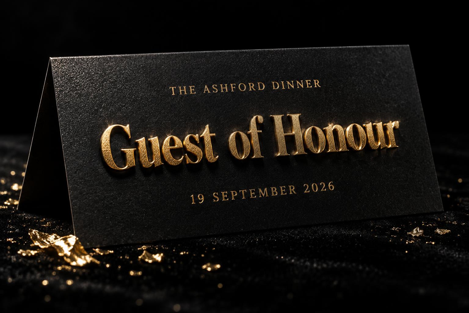 "Guest of Honour
THE ASHFORD DINNER
19 SEPTEMBER 2026" — Luxury Gold | AI Text Effect Generator