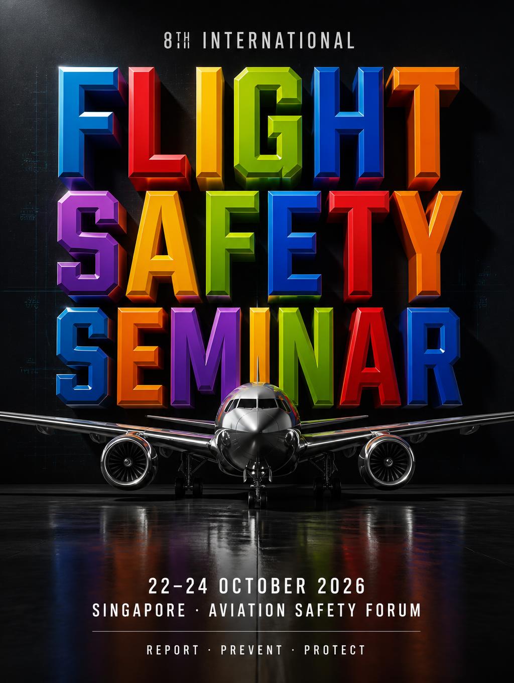 "FLIGHT
SAFETY
SEMINAR
8TH INTERNATIONAL
22–24 OCTOBER 2026
SINGAPORE · AVIATION SAFETY FORUM
REPORT · PREVENT · PROTECT" — 3d bold text effect