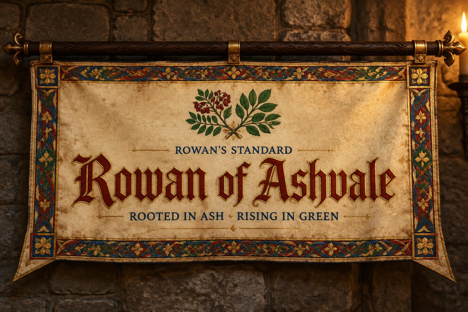 "Rowan of Ashvale
ROWAN'S STANDARD
ROOTED IN ASH · RISING IN GREEN" — Medieval | AI Text Effect Generator