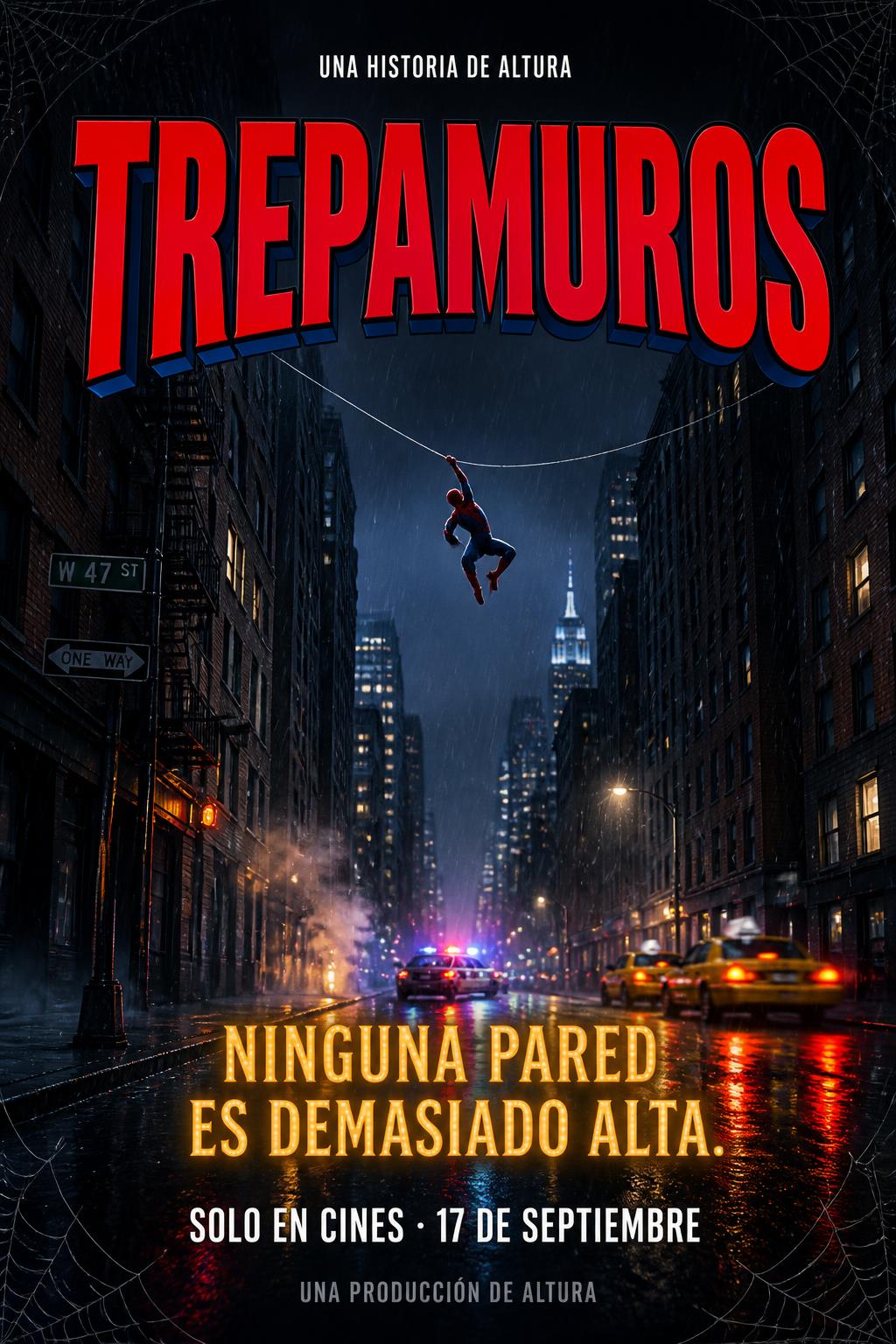"TREPAMUROS
UNA HISTORIA DE ALTURA
NINGUNA PARED ES DEMASIADO ALTA.
SOLO EN CINES · 17 DE SEPTIEMBRE
UNA PRODUCCIÓN DE ALTURA" — Spider Hero | AI Text Effect Generator