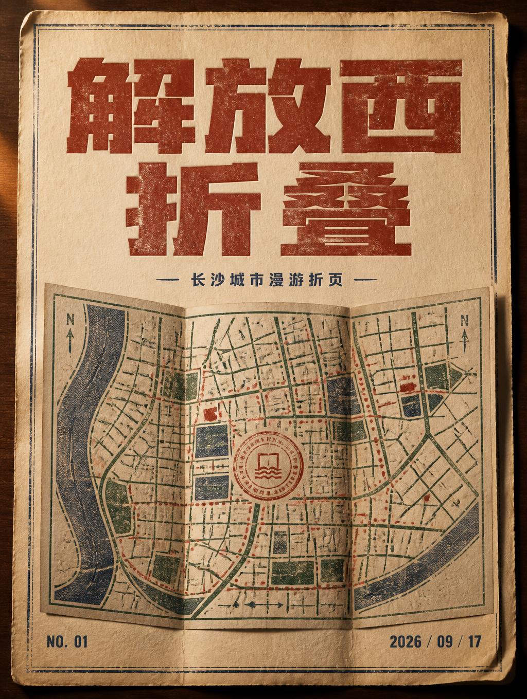 "解放西
折叠
长沙城市漫游折页
NO. 01
2026 / 09 / 17" — Vintage | AI Text Effect Generator