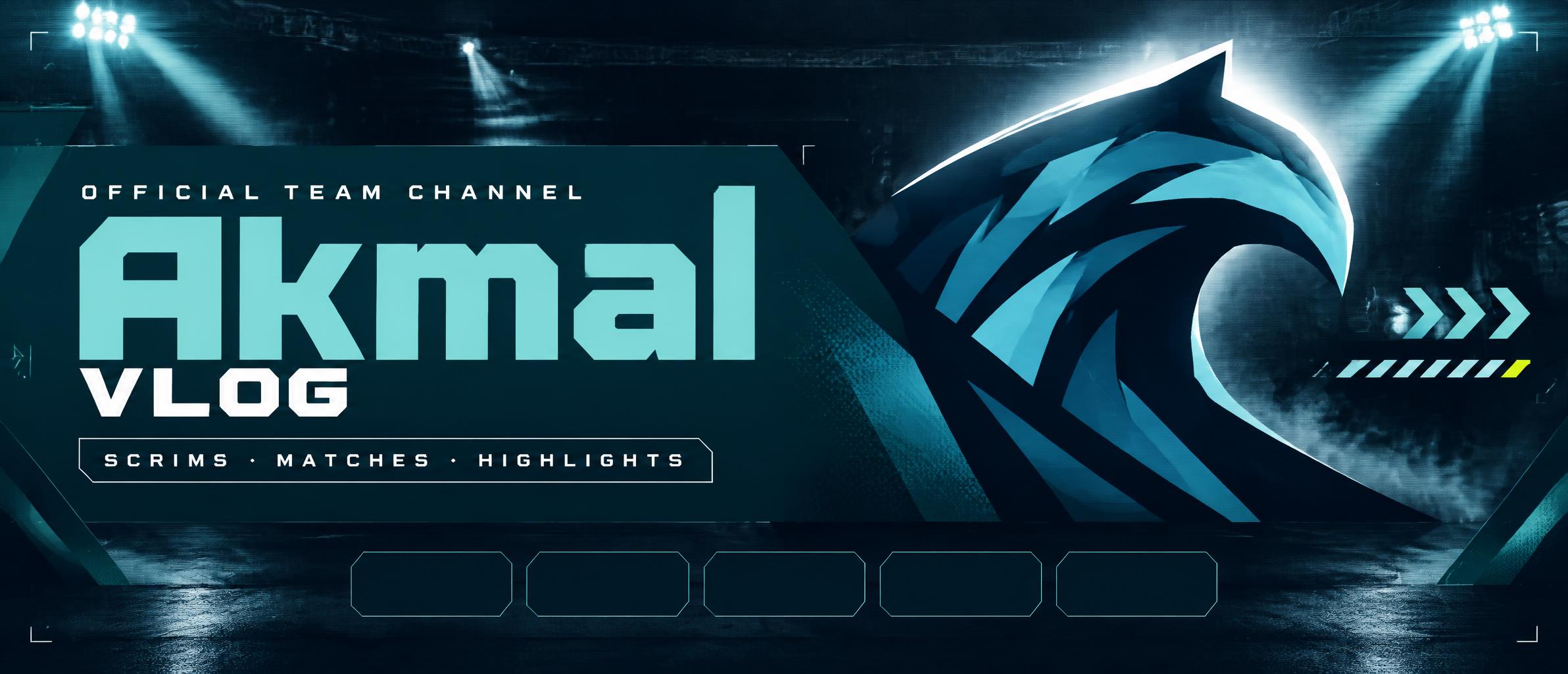 "Akmal
VLOG
OFFICIAL TEAM CHANNEL
SCRIMS · MATCHES · HIGHLIGHTS" — Esports text effect