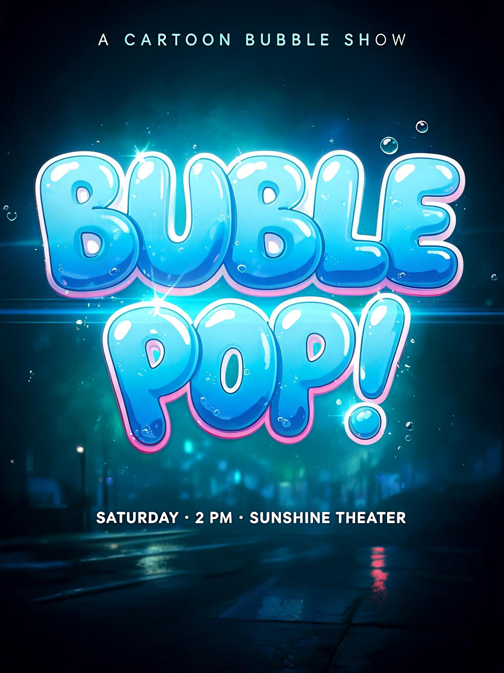 "BUBBLE POP!
A CARTOON BUBBLE SHOW
SATURDAY • 2 PM • SUNSHINE THEATER" — cinematic text effect