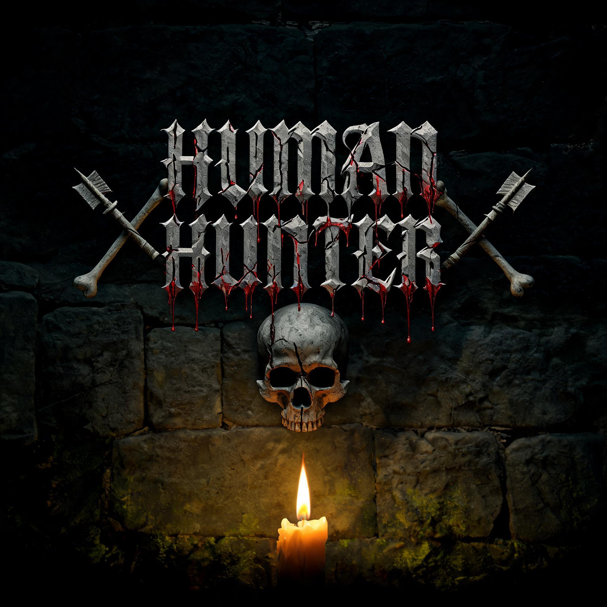 "Make it a horror game logo for my game called "Human Hunter" make it have cracks and blood with some arrows and a skull" — Horror text effect