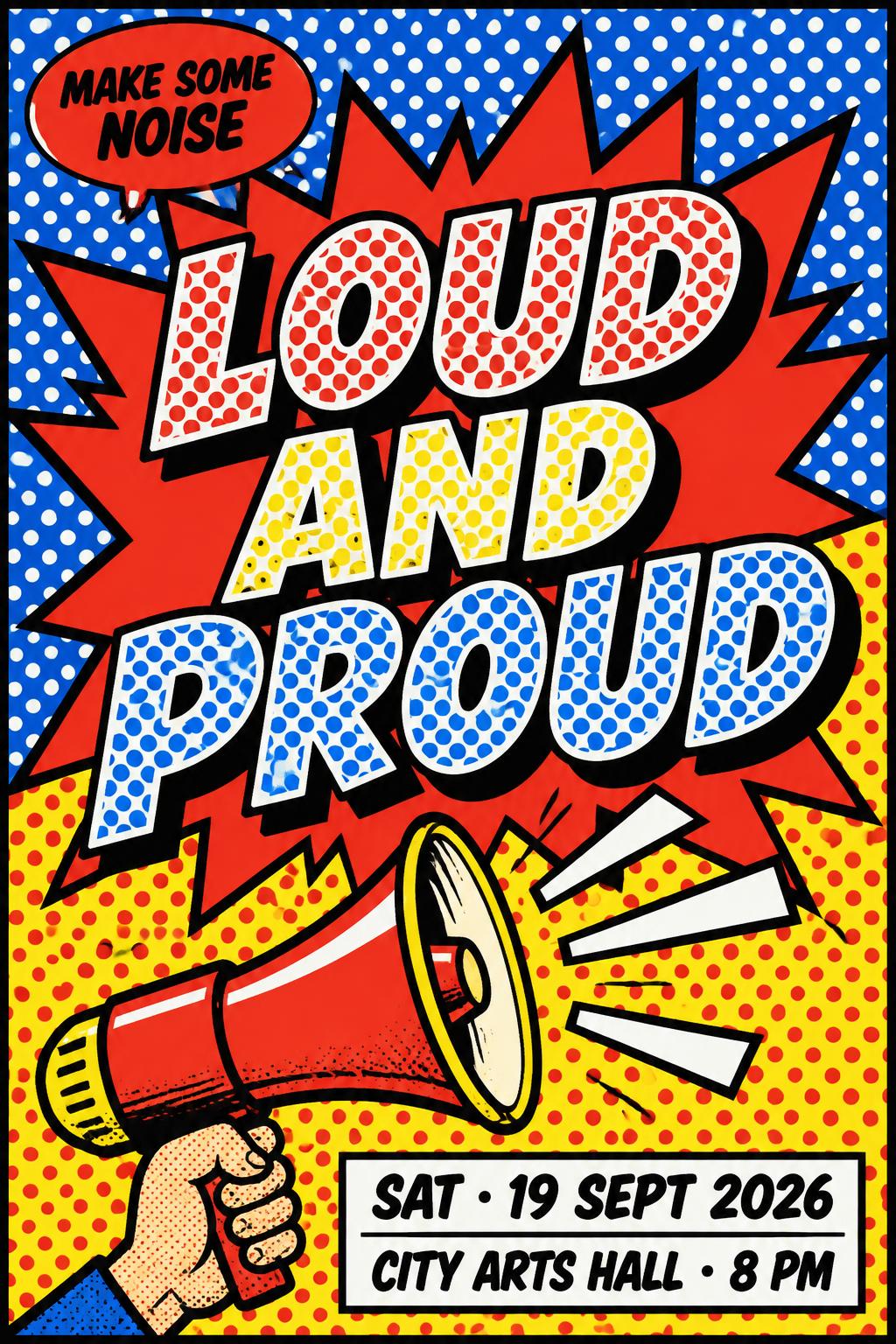 "LOUD
AND
PROUD
MAKE SOME NOISE
SAT · 19 SEPT 2026
CITY ARTS HALL · 8 PM" — Pop Art | AI Text Effect Generator