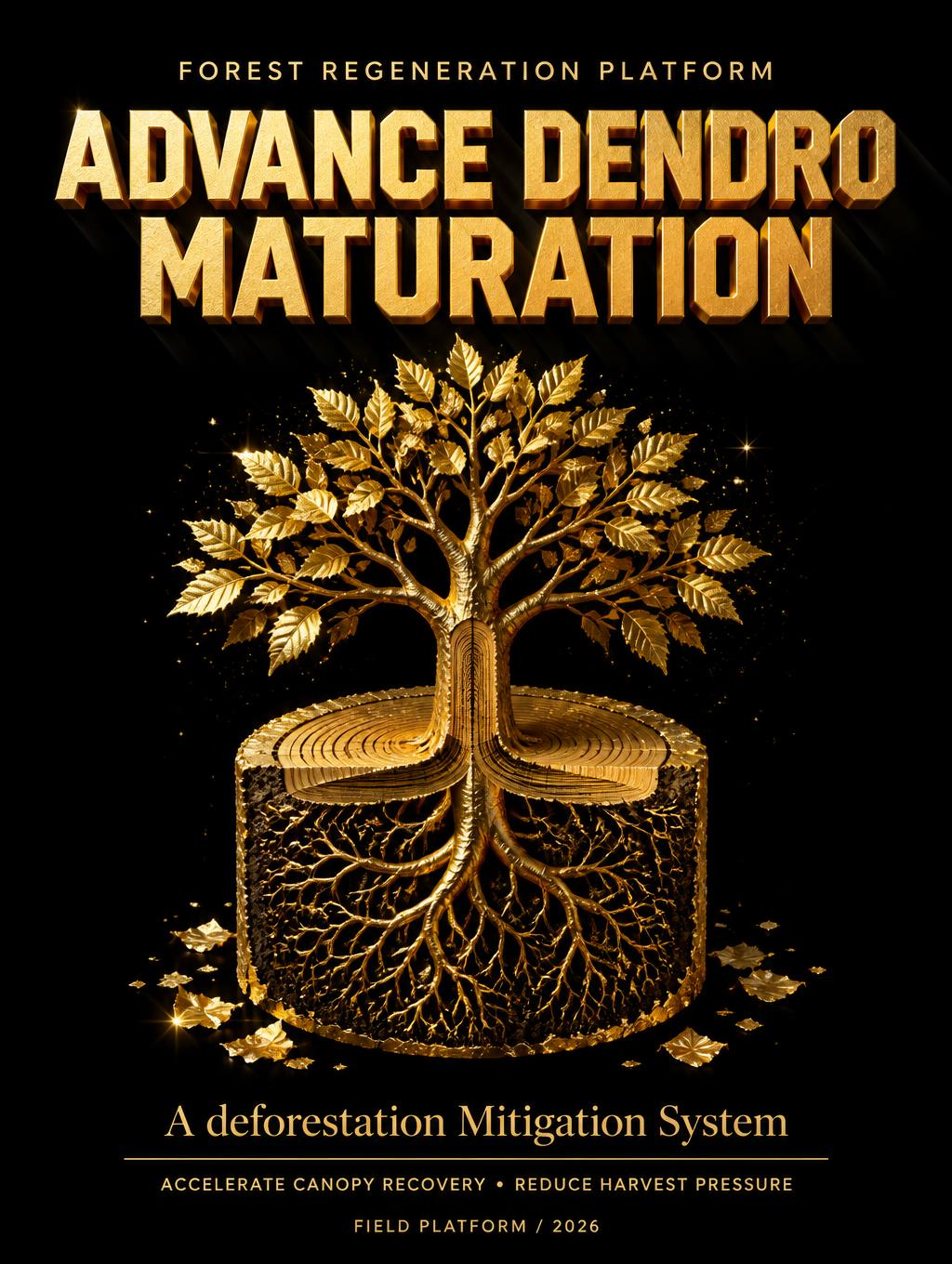 "ADVANCE DENDRO
MATURATION
FOREST REGENERATION PLATFORM
A deforestation Mitigation System
ACCELERATE CANOPY RECOVERY • REDUCE HARVEST PRESSURE
FIELD PLATFORM / 2026" — Luxury Gold | AI Text Effect Generator