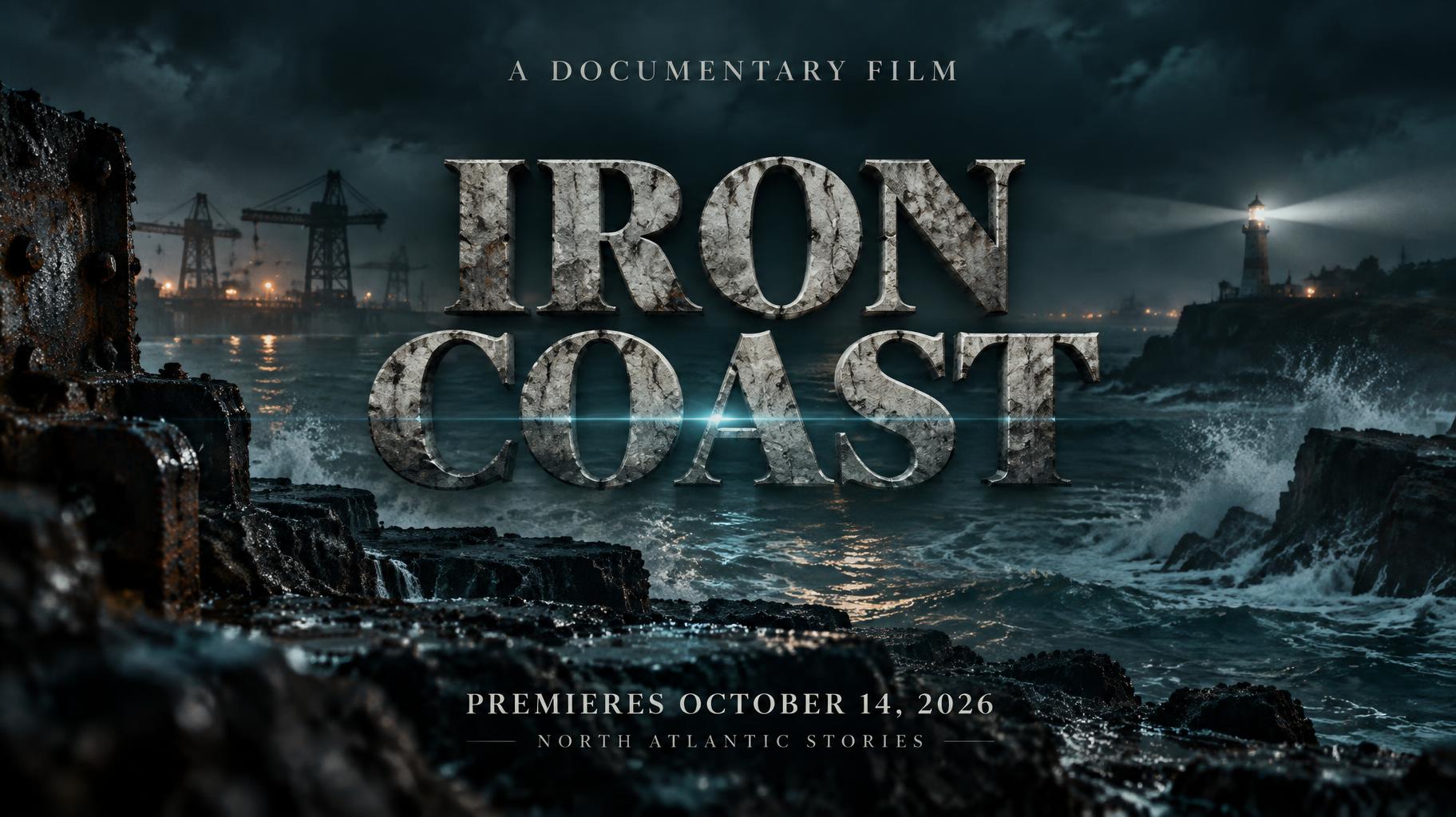 "IRON
COAST
A DOCUMENTARY FILM
PREMIERES OCTOBER 14, 2026
NORTH ATLANTIC STORIES" — Cinematic Netflix | AI Text Effect Generator