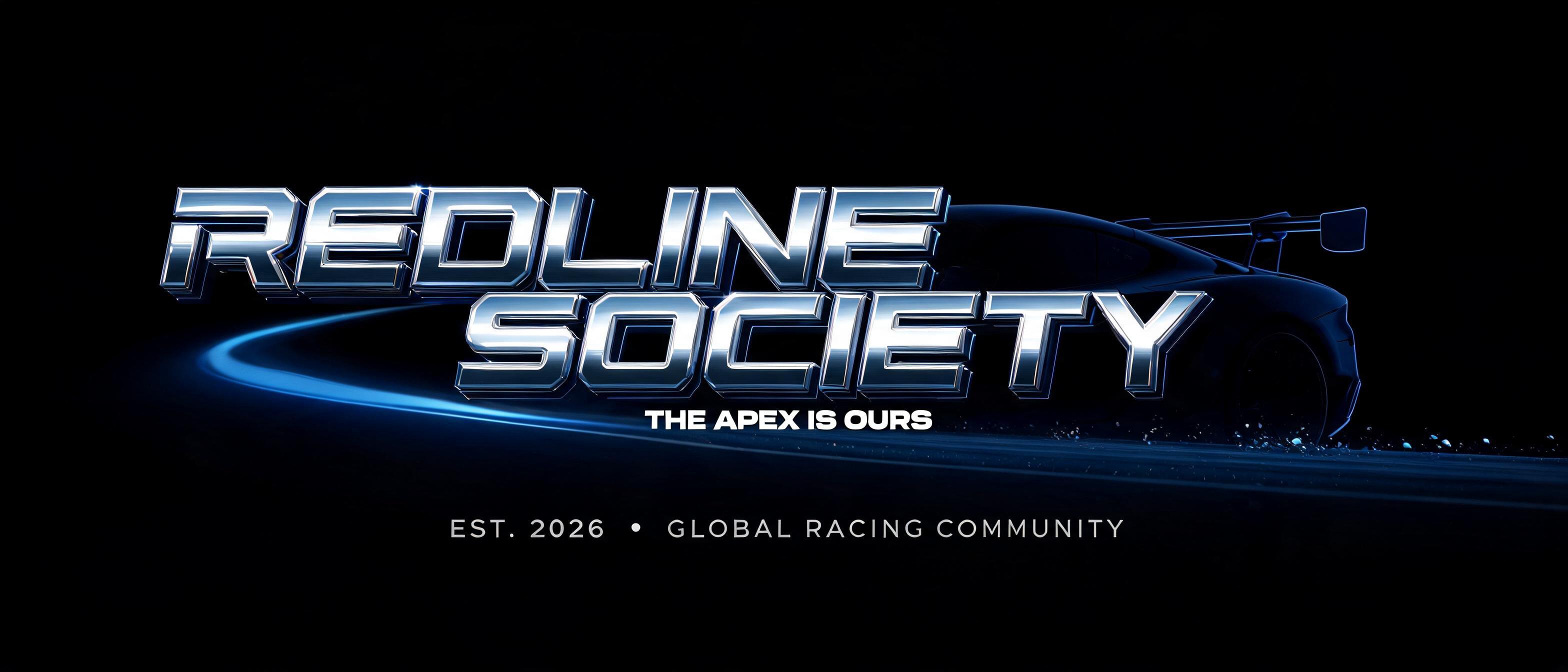 "REDLINE
SOCIETY
THE APEX IS OURS
EST. 2026  •  GLOBAL RACING COMMUNITY" — Chrome Metal 3d | AI Text Effect Generator