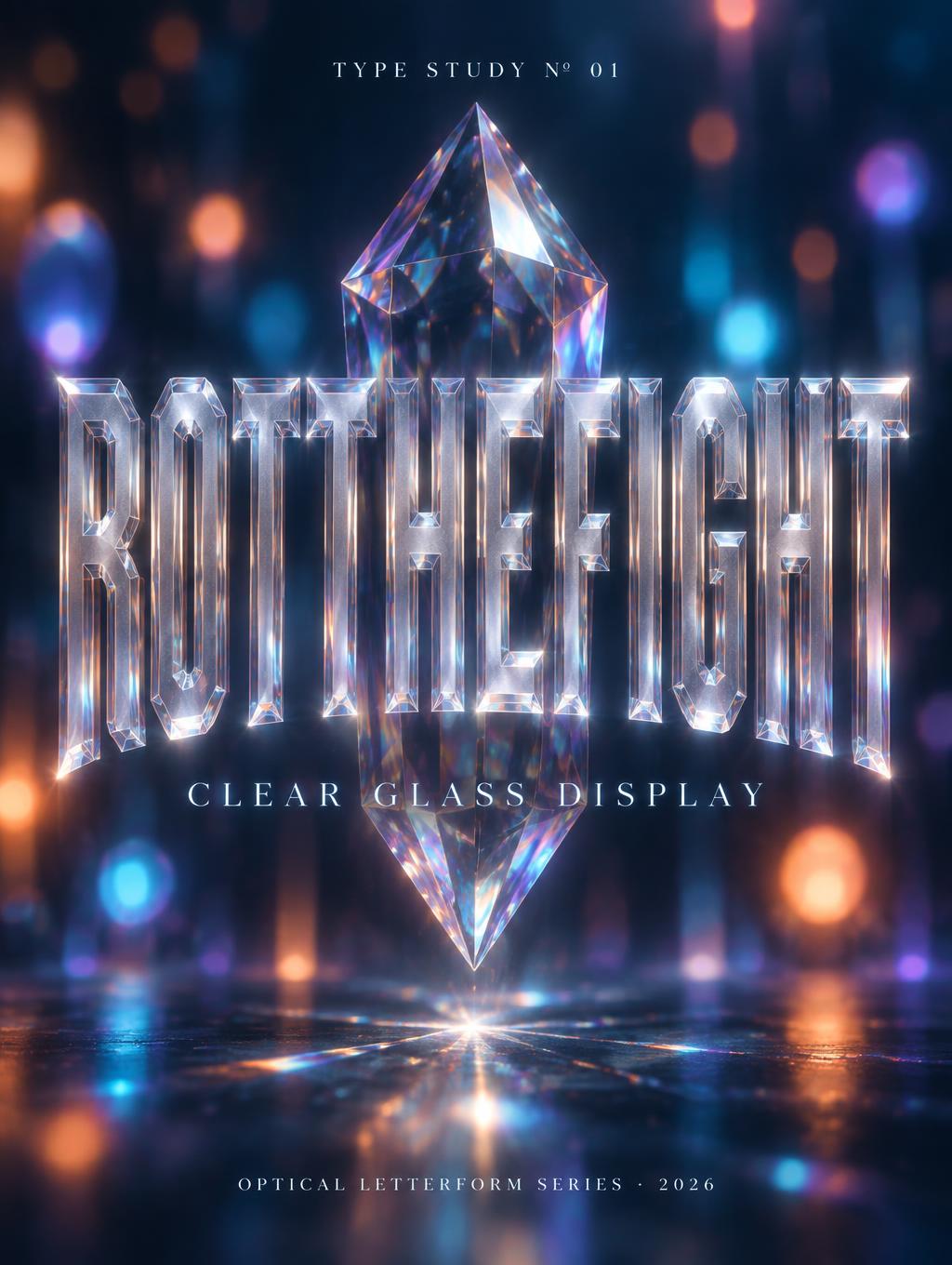 "ROTTHEFIGHT
TYPE STUDY Nº 01
CLEAR GLASS DISPLAY
OPTICAL LETTERFORM SERIES · 2026" — Glass Morphism | AI Text Effect Generator