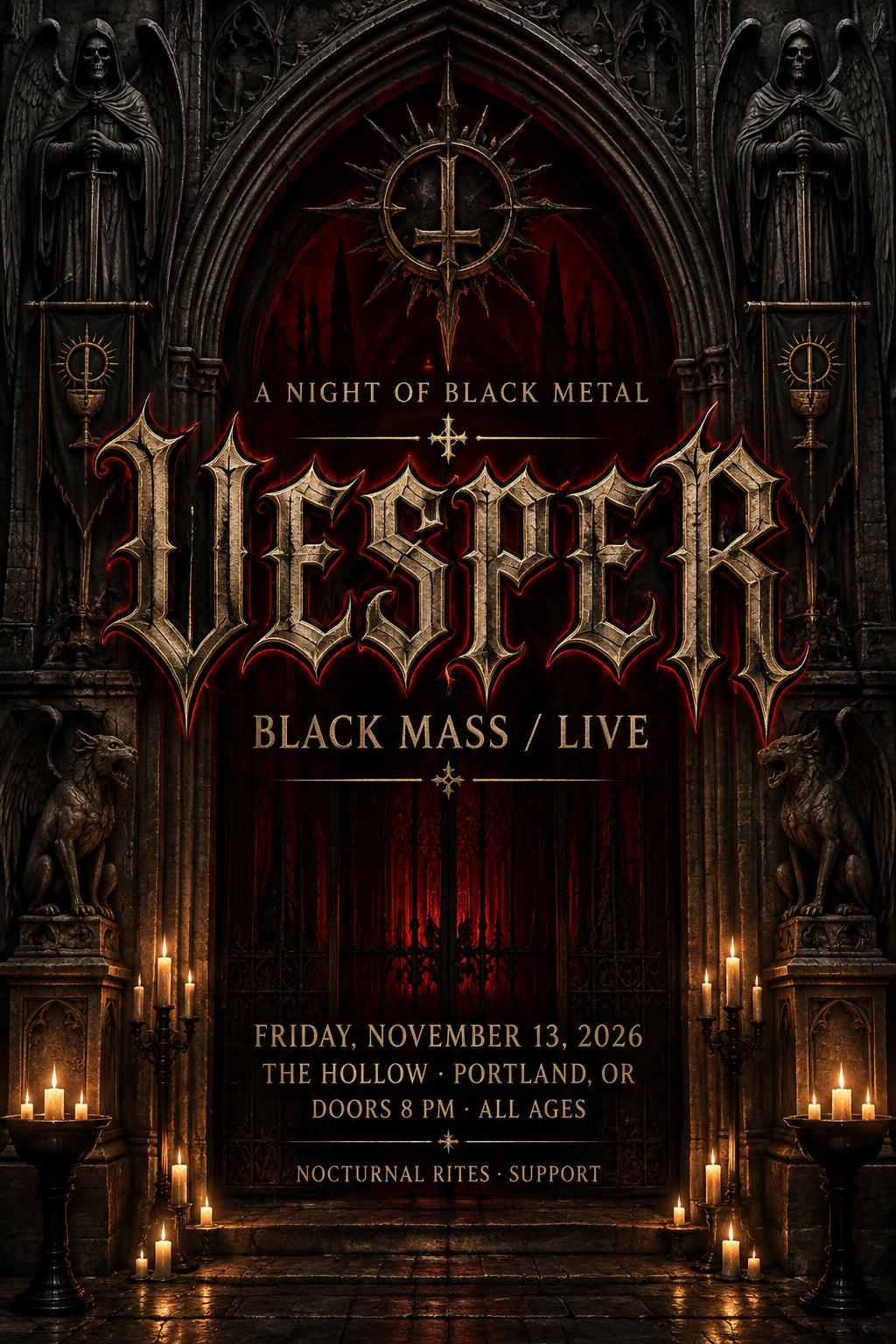 "VESPER
A NIGHT OF BLACK METAL
BLACK MASS / LIVE
FRIDAY, NOVEMBER 13, 2026
THE HOLLOW · PORTLAND, OR
DOORS 8 PM · ALL AGES
NOCTURNAL RITES · SUPPORT" — Gothic Font | AI Text Effect Generator