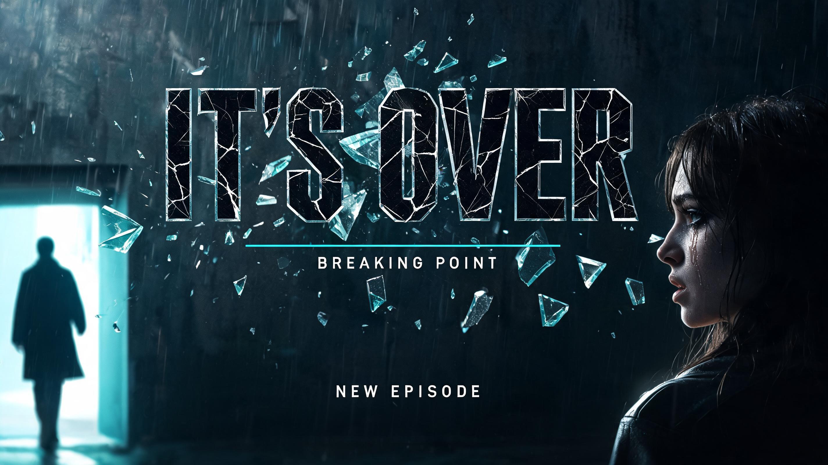 "Design a dramatic YouTube thumbnail that says IT'S OVER for my drama channel Breaking Point" — Glass Broken text effect