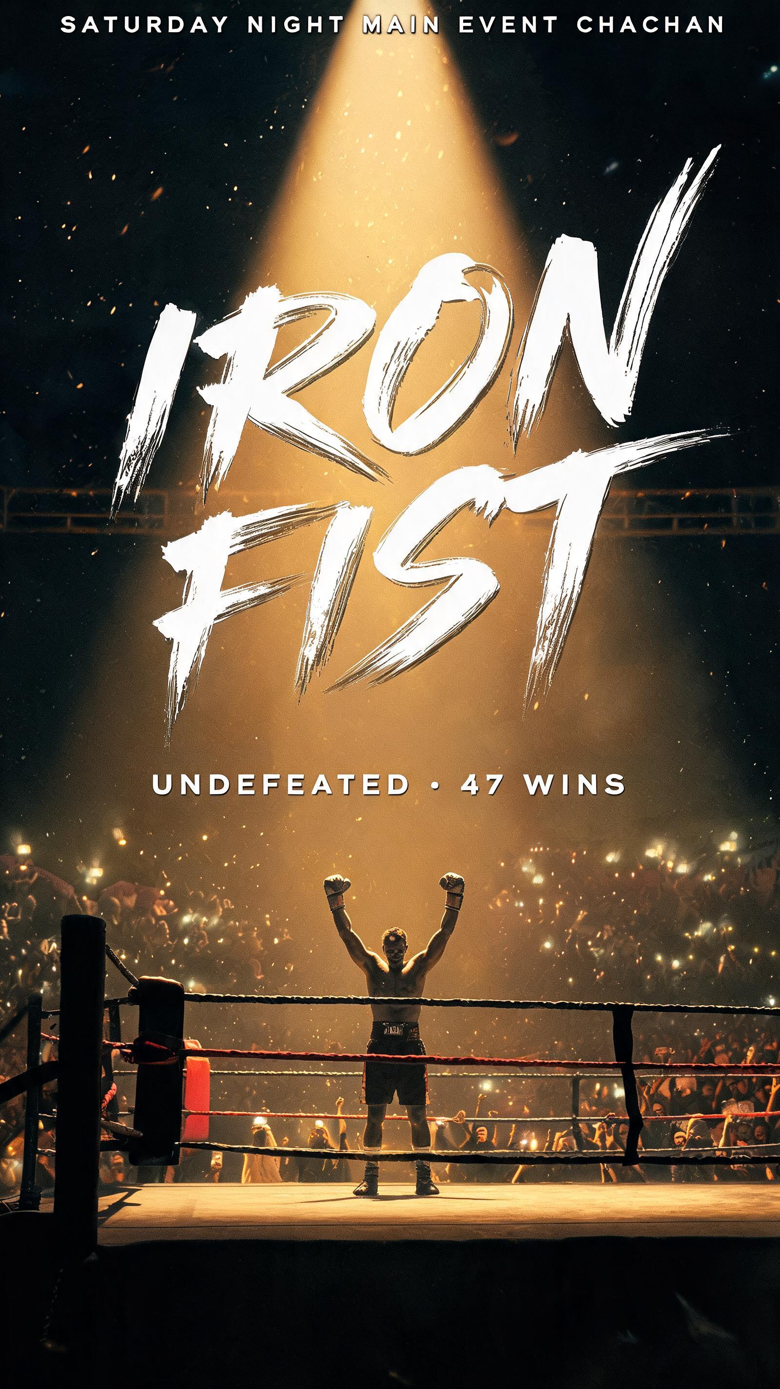 "IRON FIST
UNDEFEATED · 47 WINS
SATURDAY NIGHT MAIN EVENT CHACHAN" — Cinematic | AI Text Effect Generator