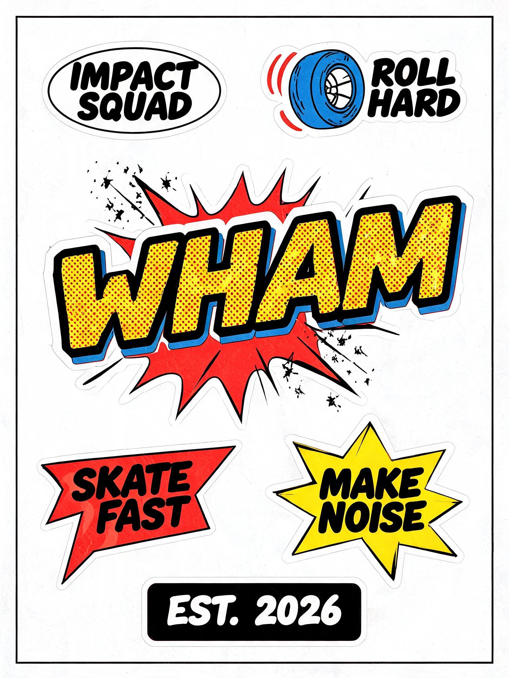 "Design a sticker sheet with a big WHAM for the skate crew Impact Squad" — Comic Book | AI Text Effect Generator