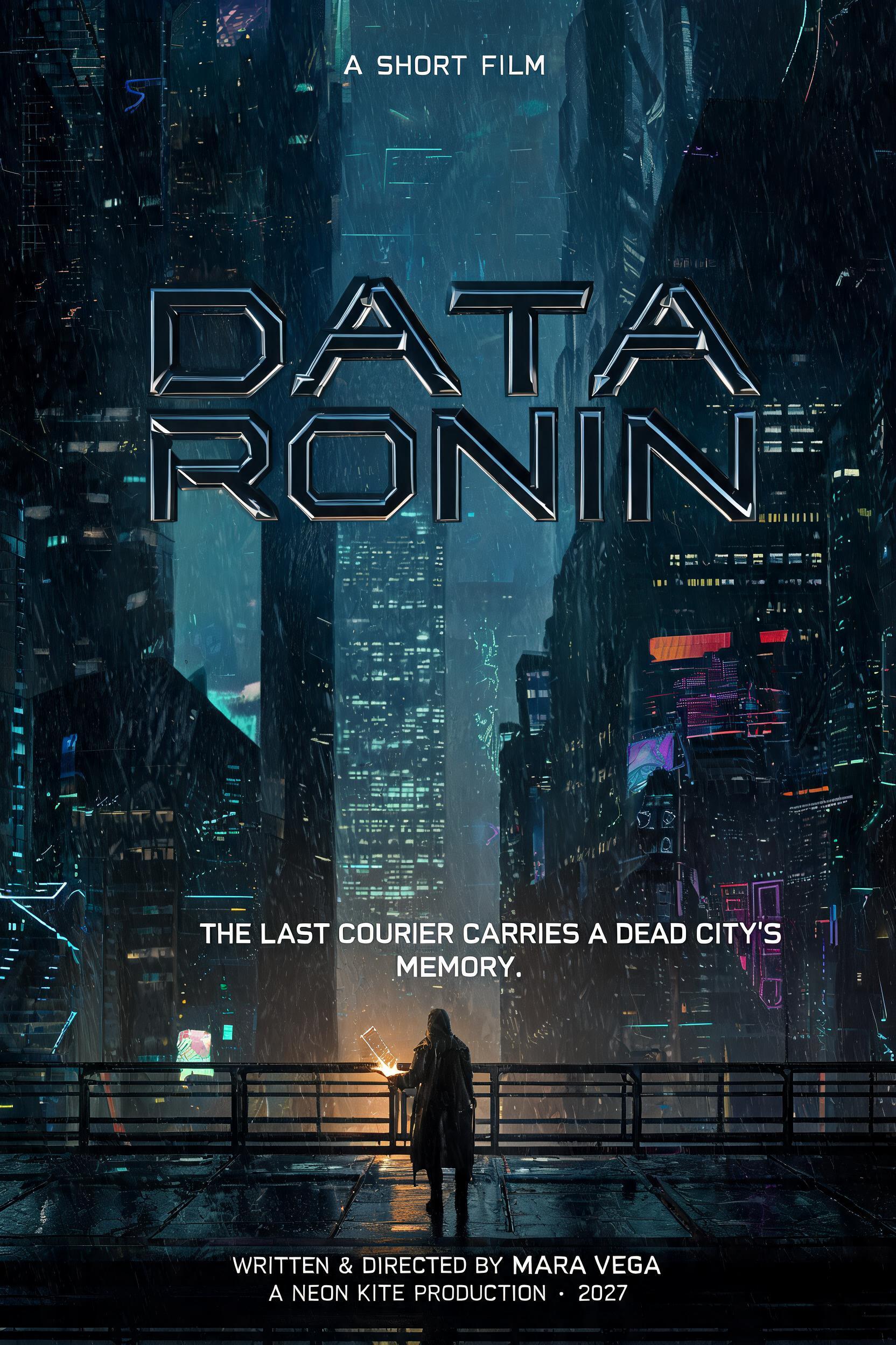 "A SHORT FILM
DATA
RONIN
THE LAST COURIER CARRIES A DEAD CITY'S MEMORY.
WRITTEN & DIRECTED BY MARA VEGA
A NEON KITE PRODUCTION · 2027" — Cyberpunk 2077 | AI Text Effect Generator