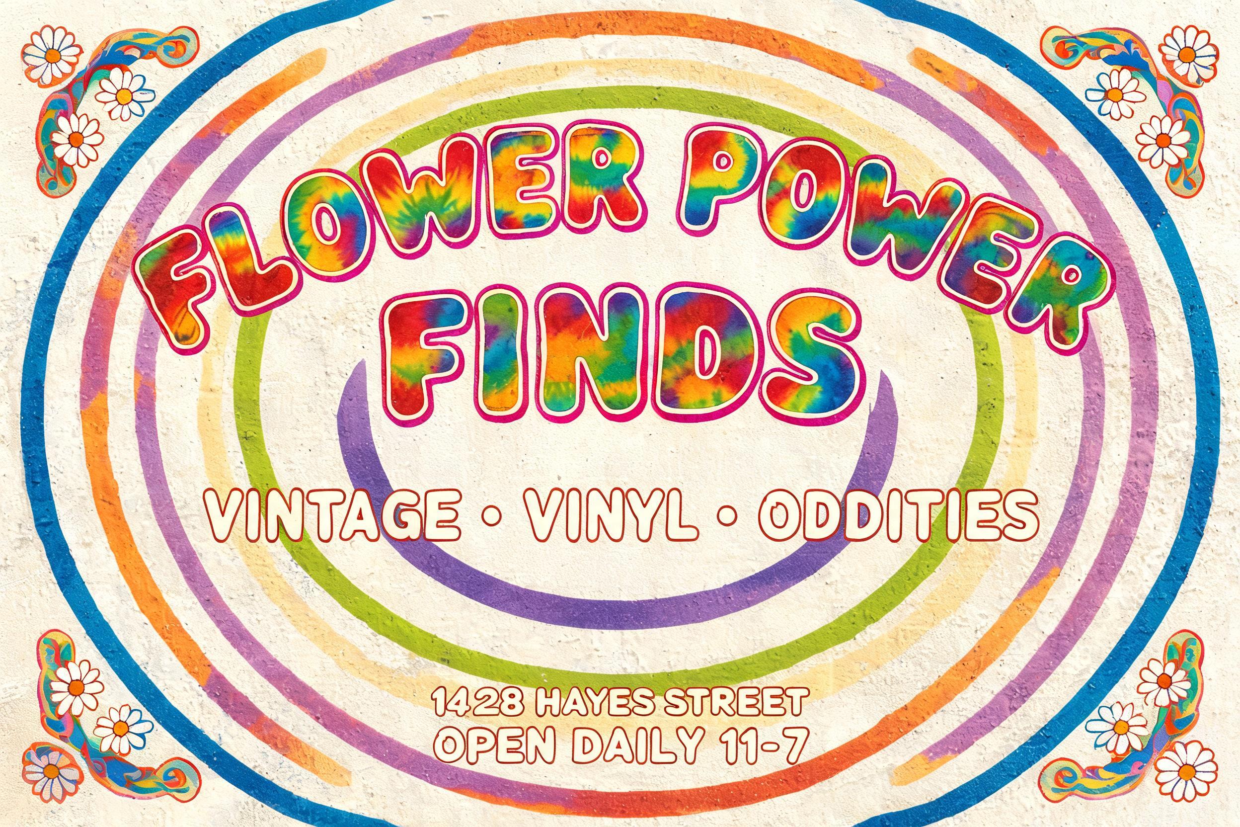 "Design a mural sign for the vintage shop Flower Power Finds" — Psychedelic text effect