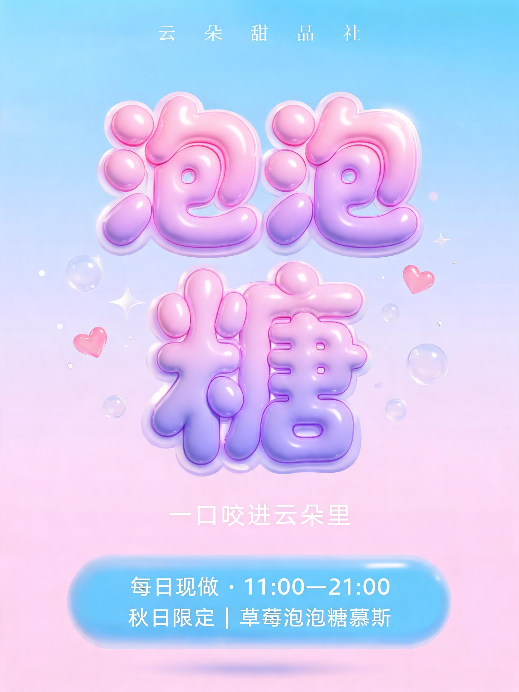 "泡泡
糖
云朵甜品社
一口咬进云朵里
每日现做 · 11:00–21:00
秋日限定｜草莓泡泡糖慕斯" — Y2k Bubbly | AI Text Effect Generator