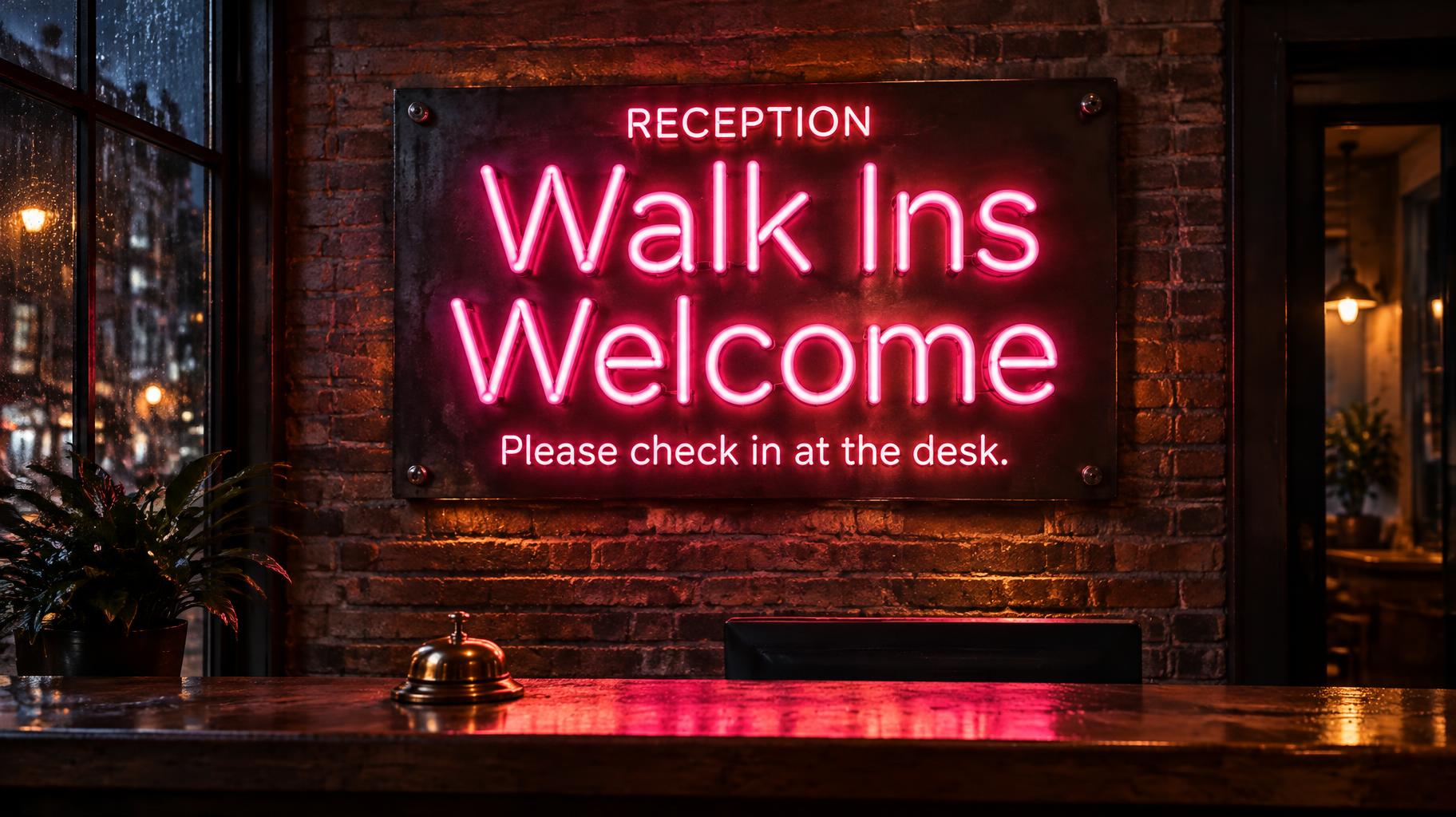 "Walk Ins
Welcome
RECEPTION
Please check in at the desk." — Neon Sign | AI Text Effect Generator