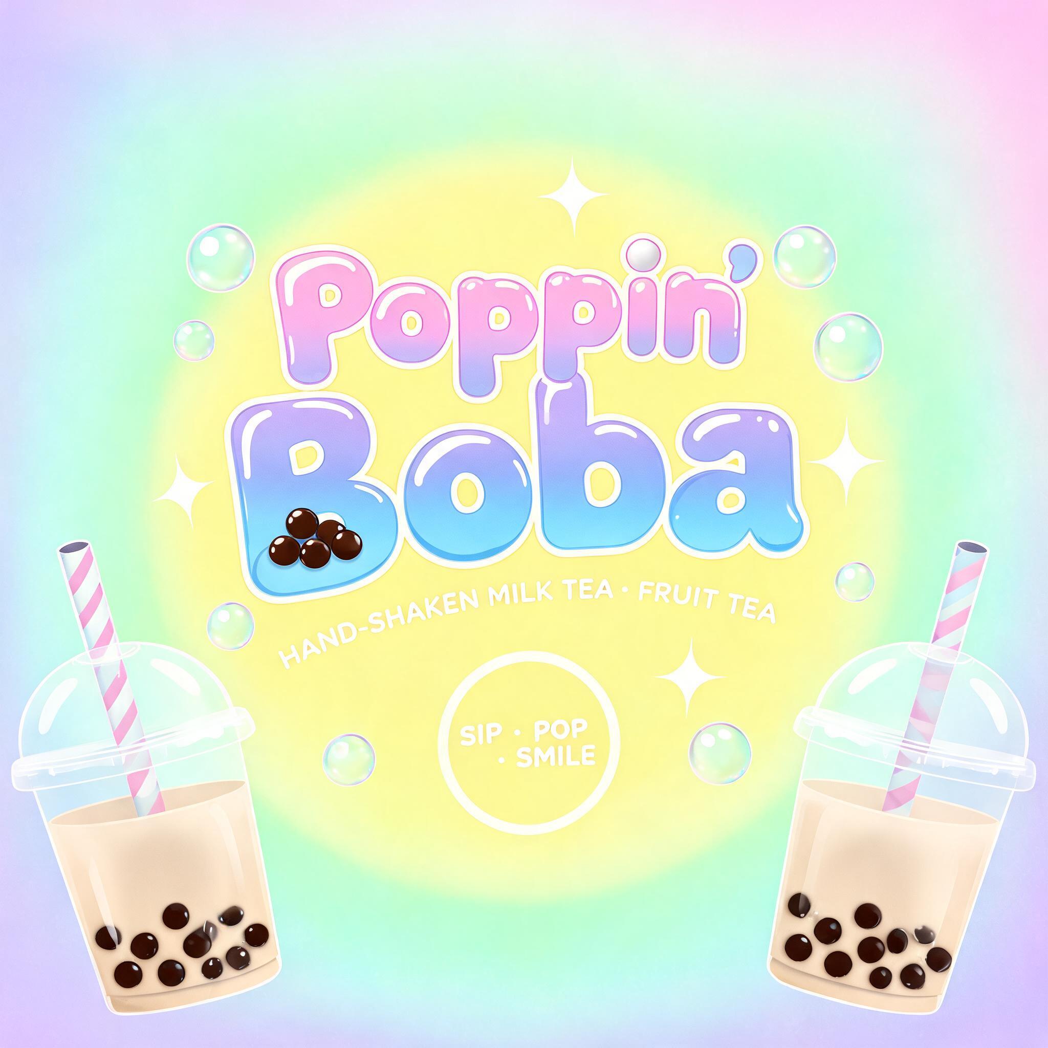 "Poppin' Boba
HAND-SHAKEN MILK TEA · FRUIT TEA
SIP · POP · SMILE" — Bubble text effect