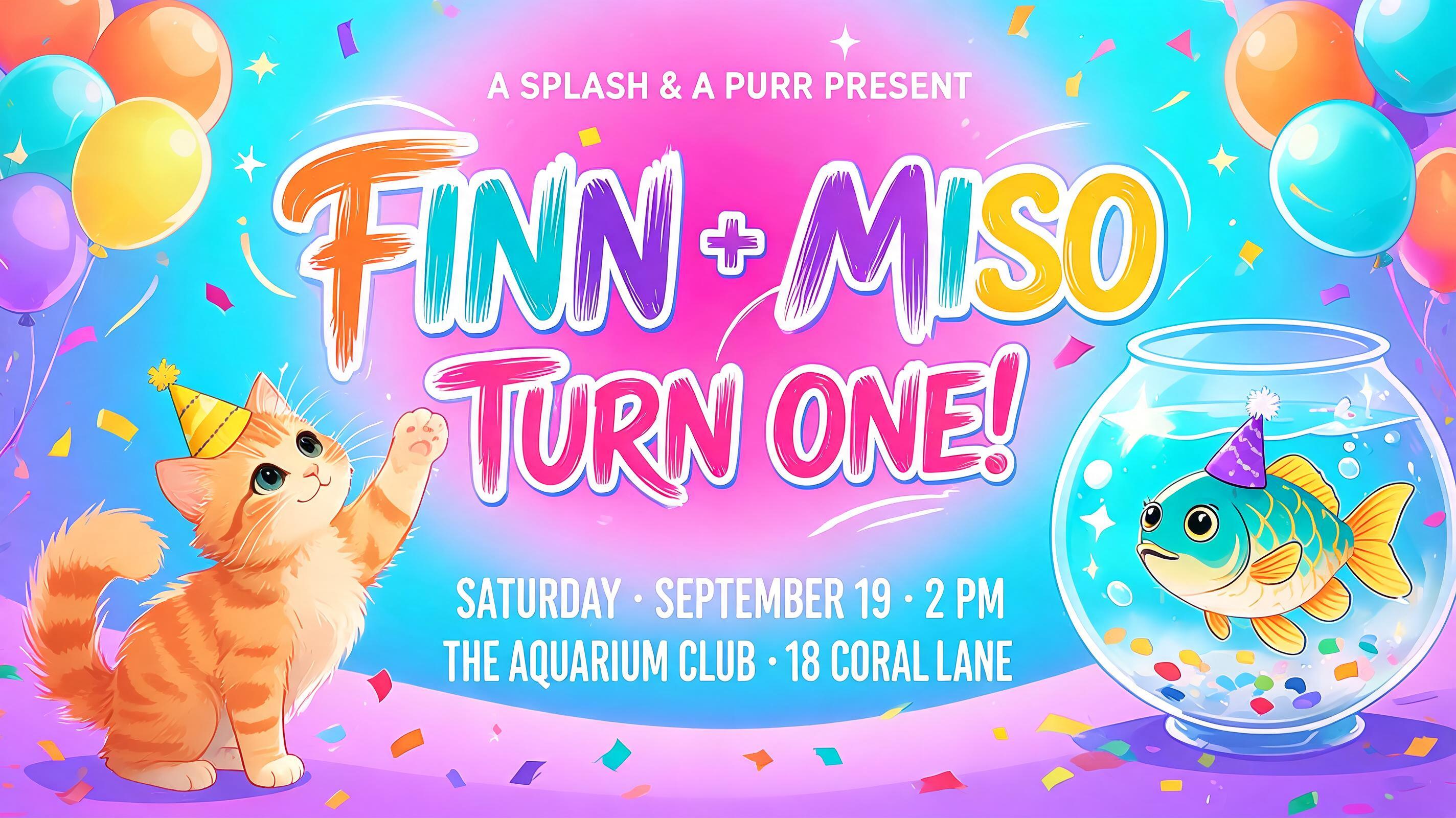 "A SPLASH & A PURR PRESENT
FINN + MISO
TURN ONE!
SATURDAY · SEPTEMBER 19 · 2 PM
THE AQUARIUM CLUB · 18 CORAL LANE" — Birthday | AI Text Effect Generator