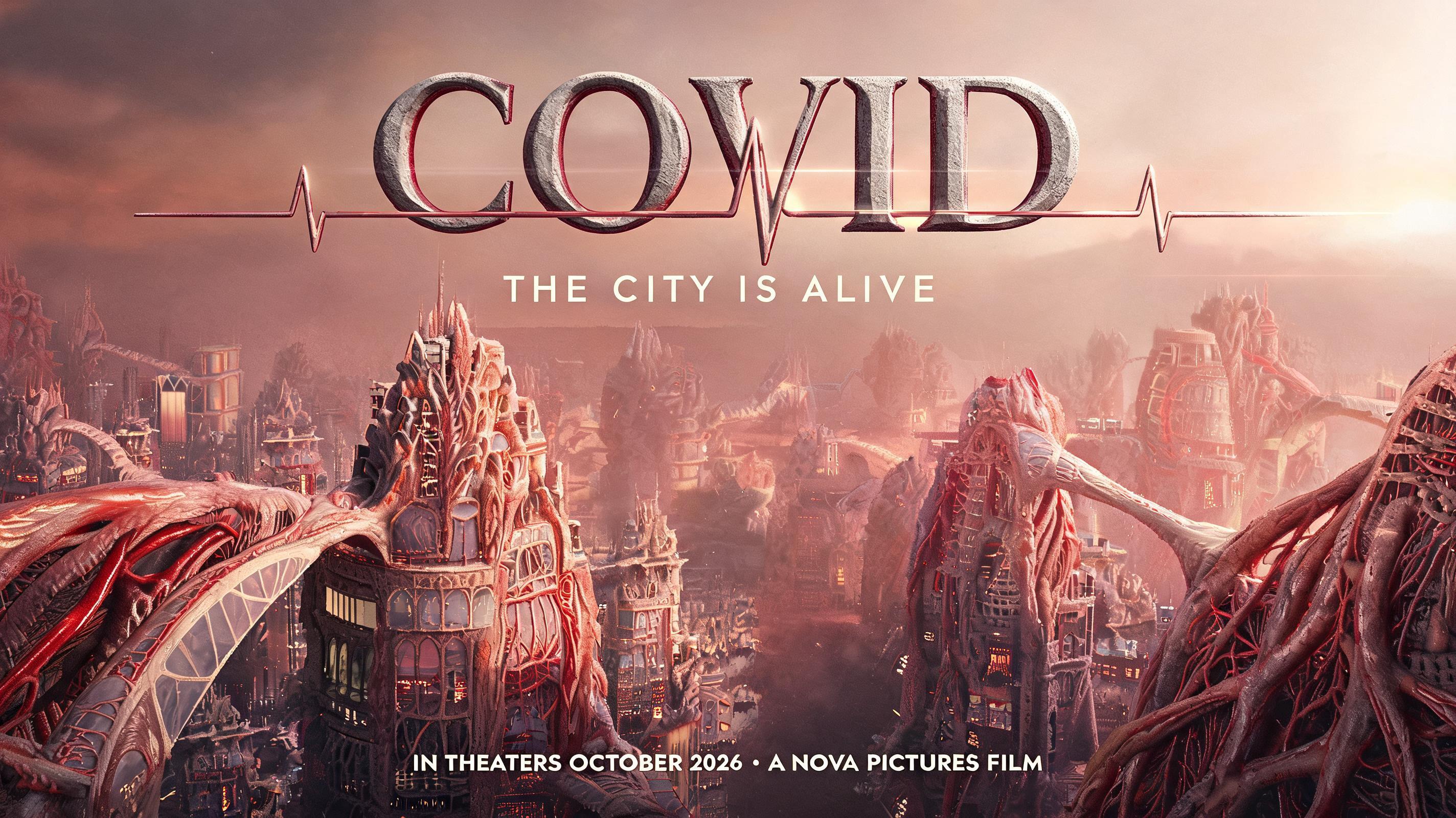 "COVID
THE CITY IS ALIVE
IN THEATERS OCTOBER 2026 • A NOVA PICTURES FILM" — Cinematic Netflix | AI Text Effect Generator