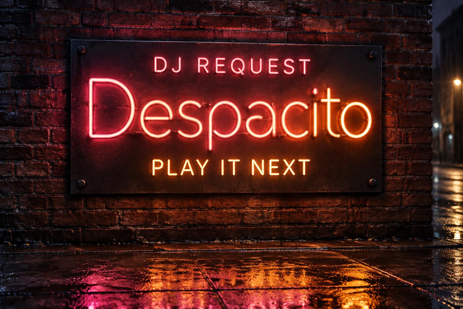 "Despacito
DJ REQUEST
PLAY IT NEXT" — Neon Sign | AI Text Effect Generator