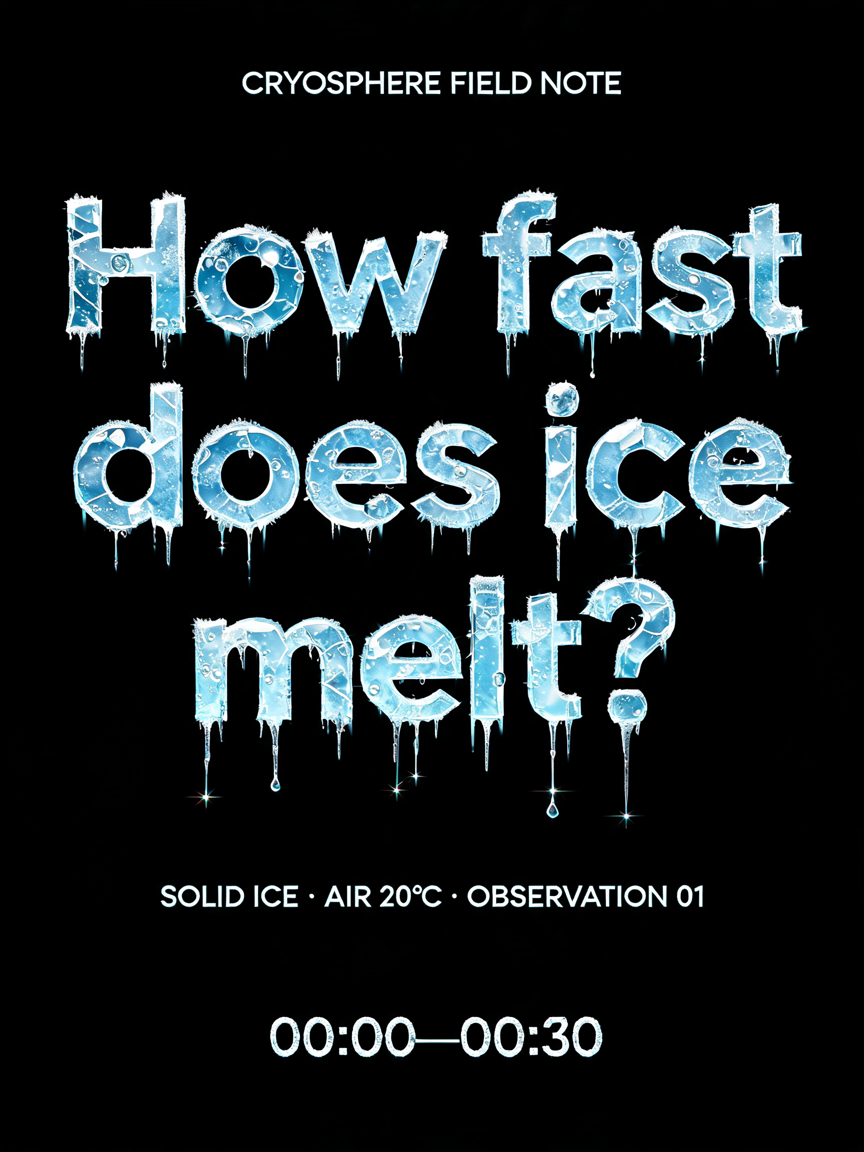 "How fast
does ice
melt?
CRYOSPHERE FIELD NOTE
SOLID ICE · AIR 20°C · OBSERVATION 01
00:00—00:30" — Glass Frozen | AI Text Effect Generator