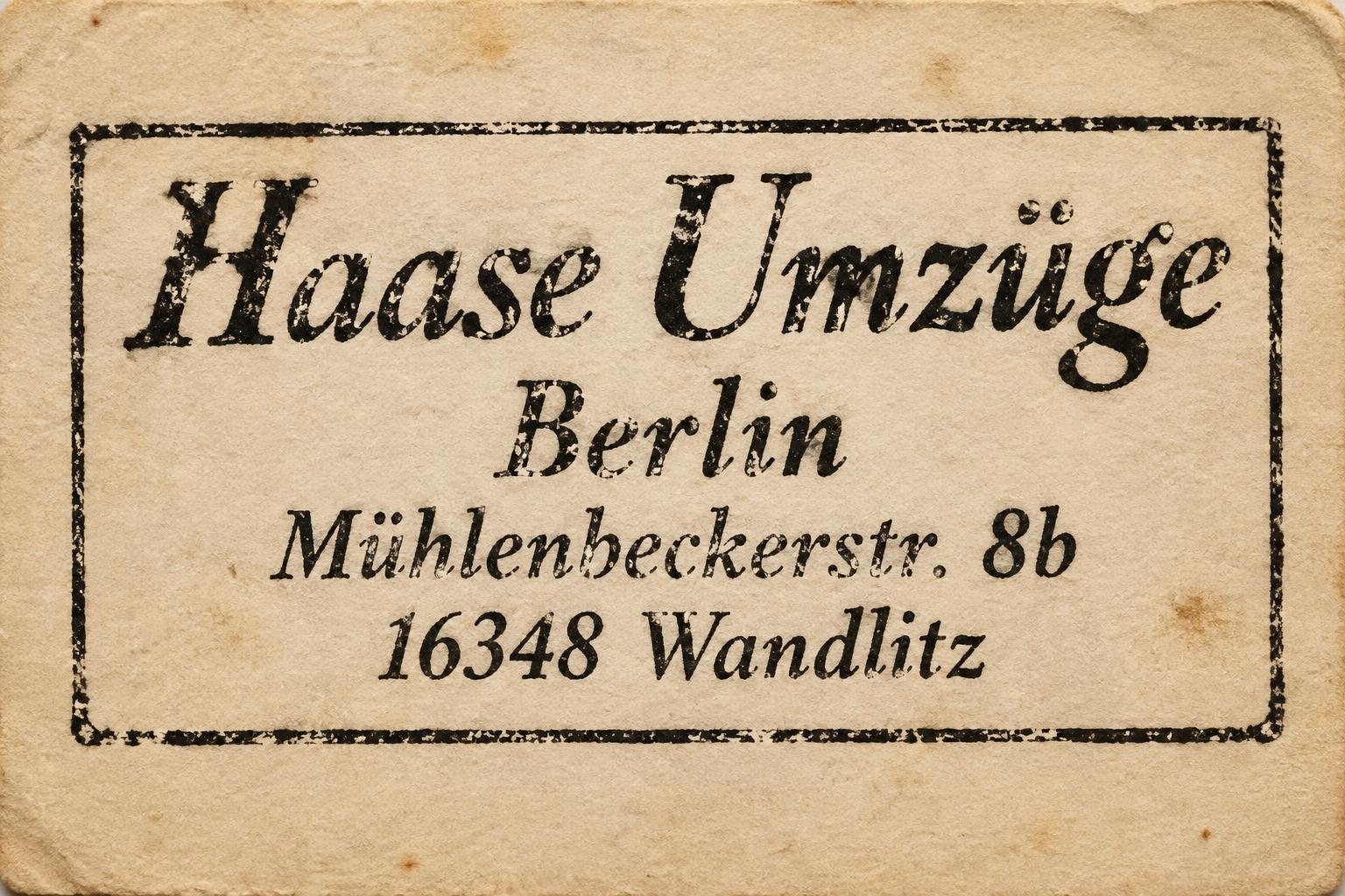 "Haase Umzüge
Berlin
Mühlenbeckerstr. 8b
16348 Wandlitz" — Vintage | AI Text Effect Generator
