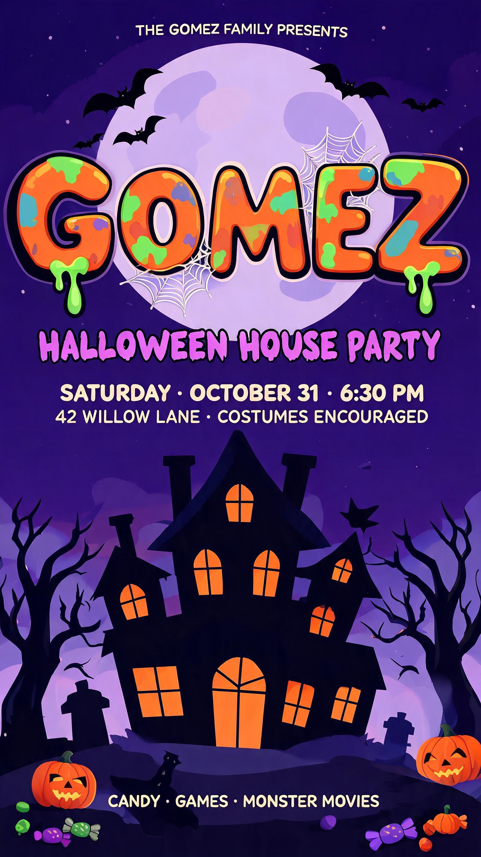 "THE GOMEZ FAMILY PRESENTS
GOMEZ
HALLOWEEN HOUSE PARTY
SATURDAY · OCTOBER 31 · 6:30 PM
42 WILLOW LANE · COSTUMES ENCOURAGED
CANDY · GAMES · MONSTER MOVIES" — Halloween text effect