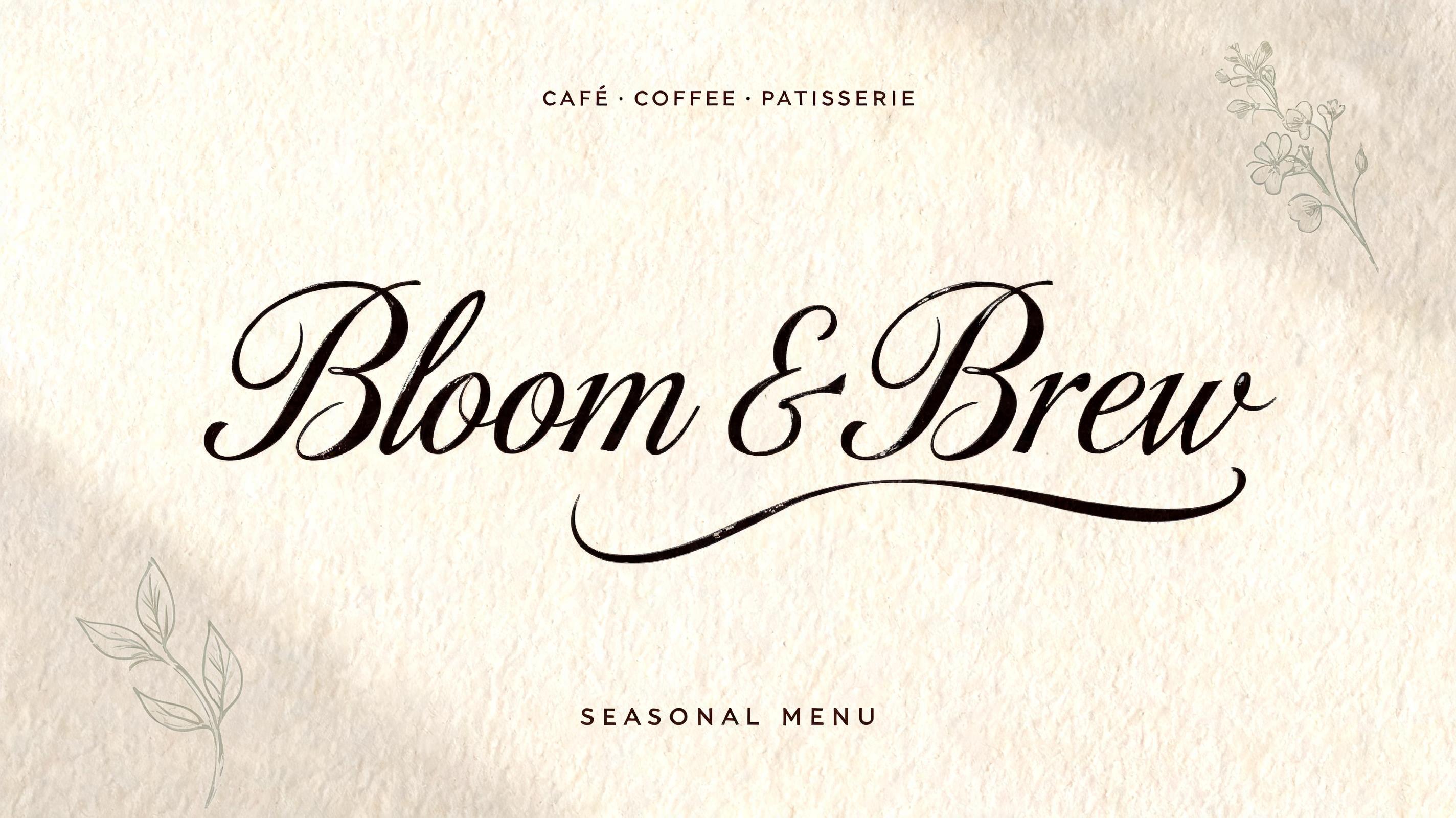 "Bloom & Brew
CAFÉ · COFFEE · PATISSERIE
SEASONAL MENU" — Cursive | AI Text Effect Generator