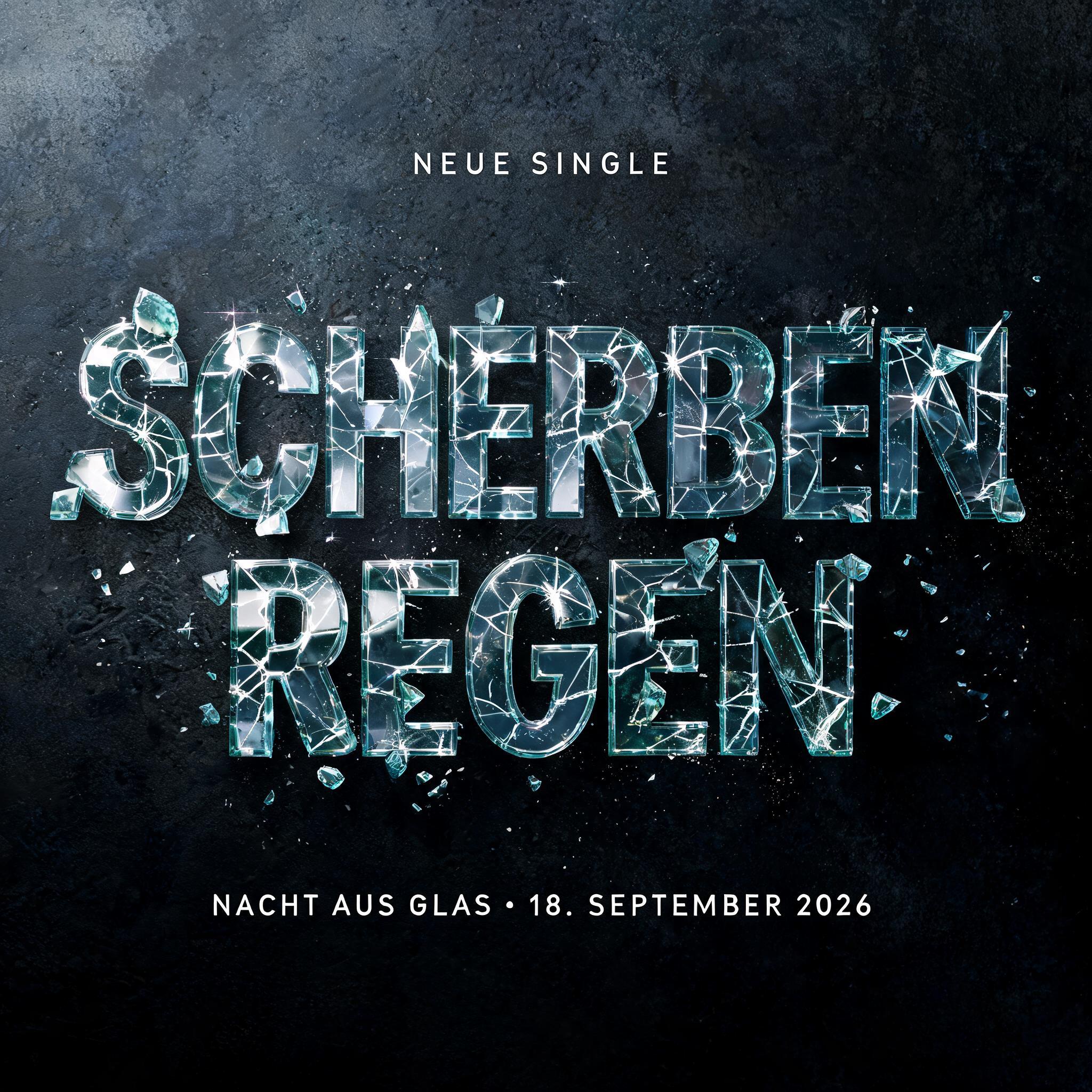 "SCHERBENREGEN
NEUE SINGLE
NACHT AUS GLAS · 18. SEPTEMBER 2026" — Glass Broken text effect