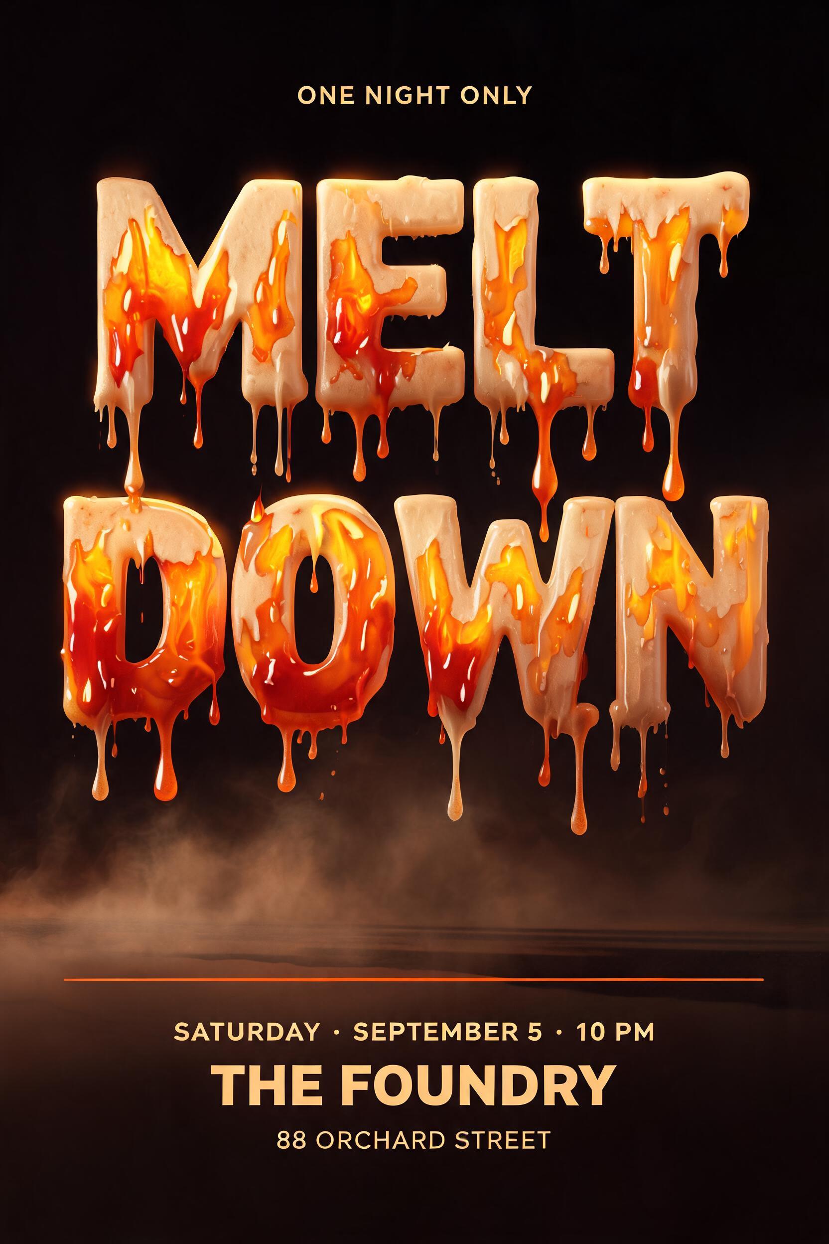 "MELTDOWN
ONE NIGHT ONLY
SATURDAY · SEPTEMBER 5 · 10 PM
THE FOUNDRY
88 ORCHARD STREET" — Drip Font Melting text effect