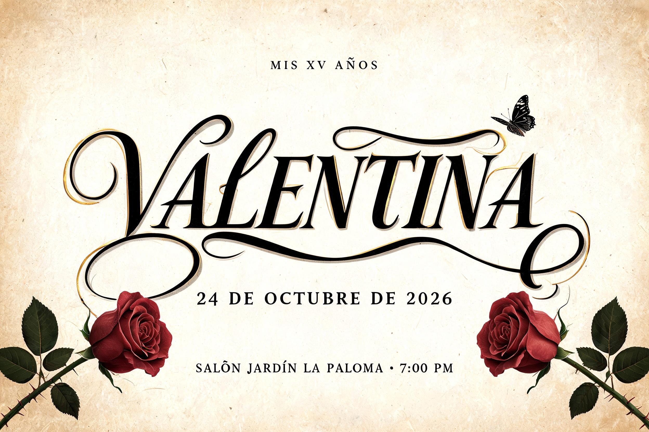 "VALENTINA
MIS XV AÑOS
24 DE OCTUBRE DE 2026
SALÓN JARDÍN LA PALOMA · 7:00 PM" — Chicano | AI Text Effect Generator