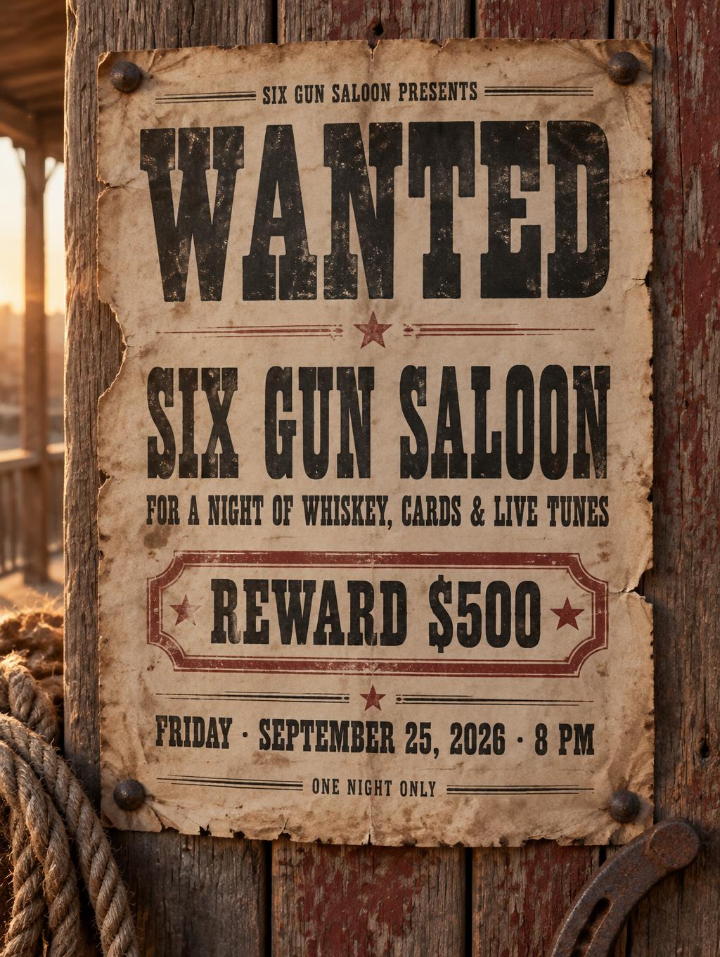 "WANTED
SIX GUN SALOON
SIX GUN SALOON PRESENTS
FOR A NIGHT OF WHISKEY, CARDS & LIVE TUNES
REWARD $500
FRIDAY · SEPTEMBER 25, 2026 · 8 PM
ONE NIGHT ONLY" — Western text effect