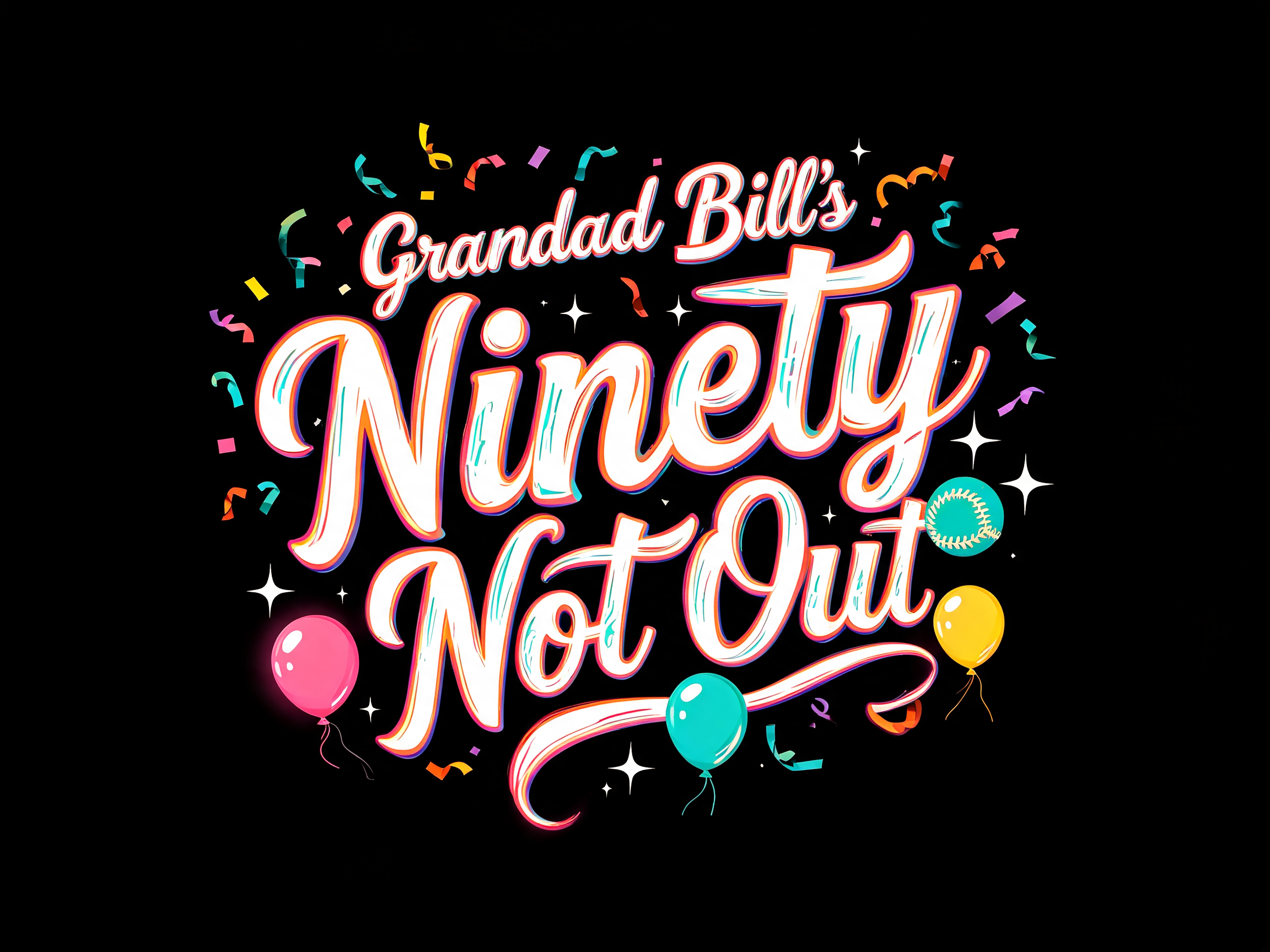 "Grandad Bill’s
Ninety
Not Out" — birthday text effect